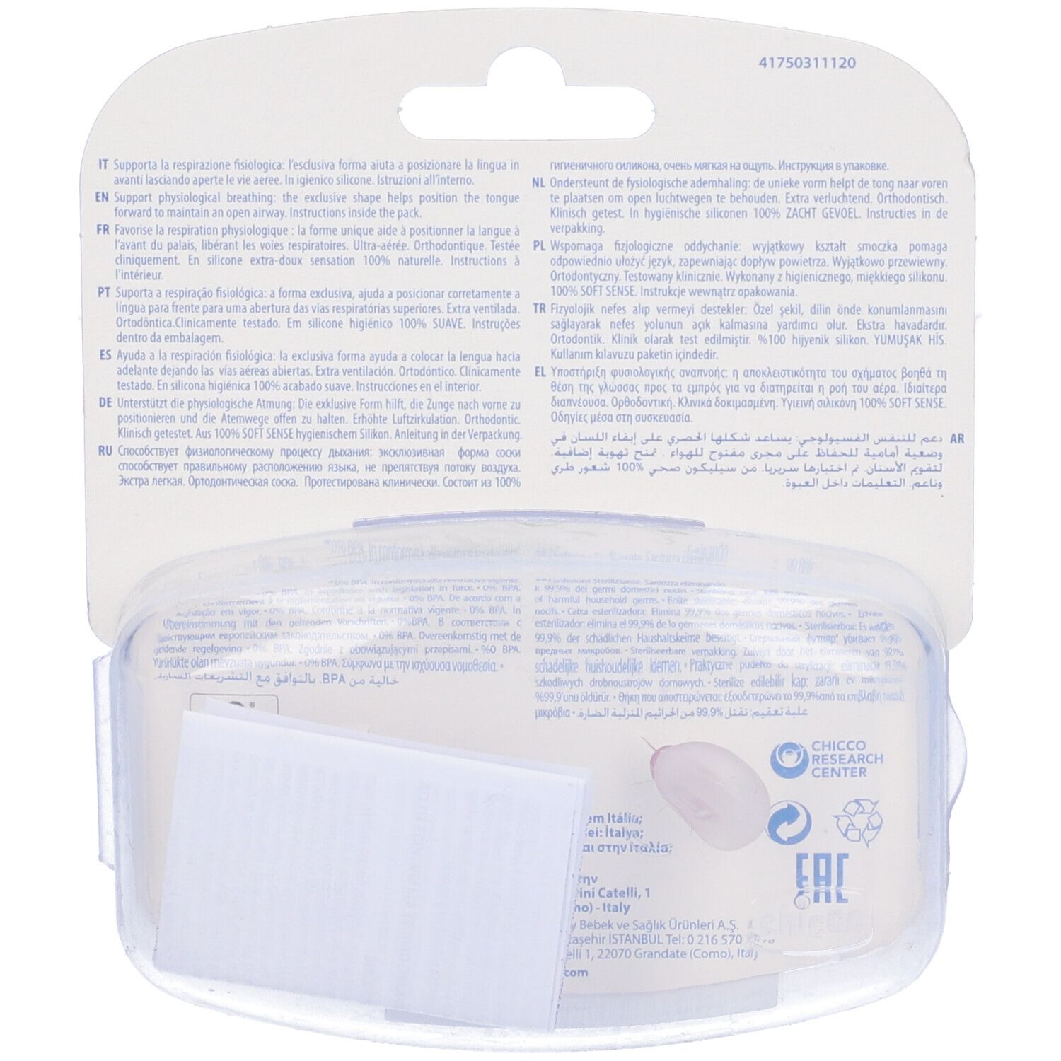 Retro della confezione con informazioni sul prodotto. Scatola di plastica trasparente con due succhietti. Testo multilingue.