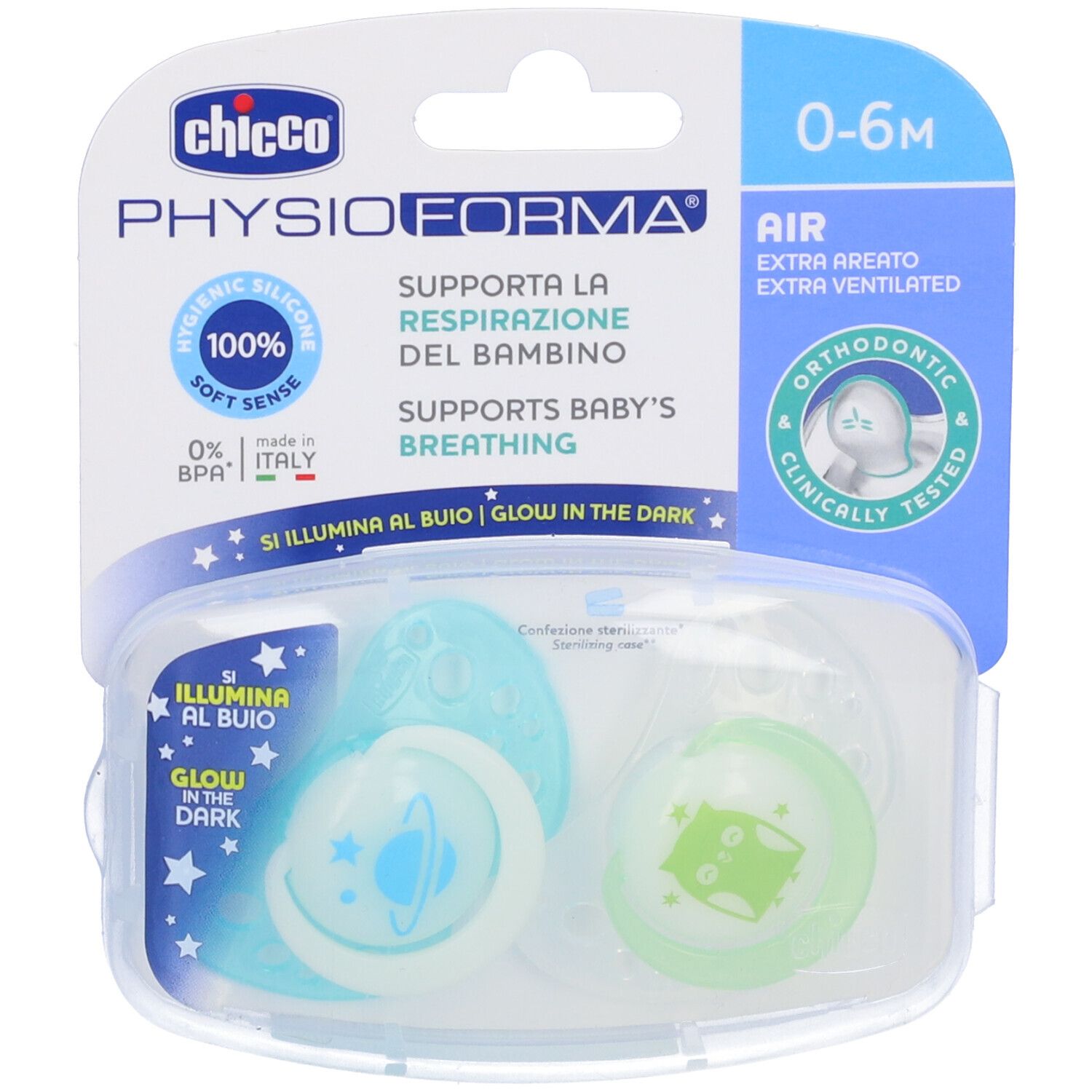 Due succhietti Chicco PhysioForma Air 0-6 mesi in confezione. Colori verde e blu. Brillano al buio. Scritta sulla confezione.