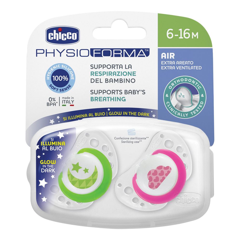 Due succhietti in silicone verde e rosa in confezione trasparente. Scritte: Chicco, PhysioForma, 6-16M, Air, Orthodontic.
