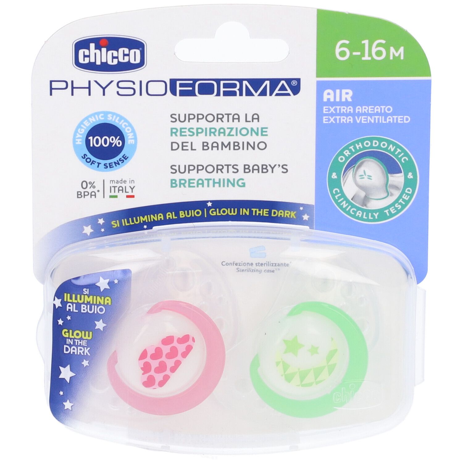 Due succhietti in silicone rosa e verde in confezione trasparente. Scritte: Chicco, PhysioForma, 6-16M, Air, Orthodontic.
