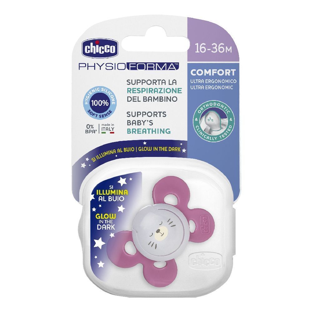 Succhietto Chicco con confezione. Tettarella rosa, contenitore bianco. Scritte: 16-36M, PhysioForma, Glow in the Dark.
