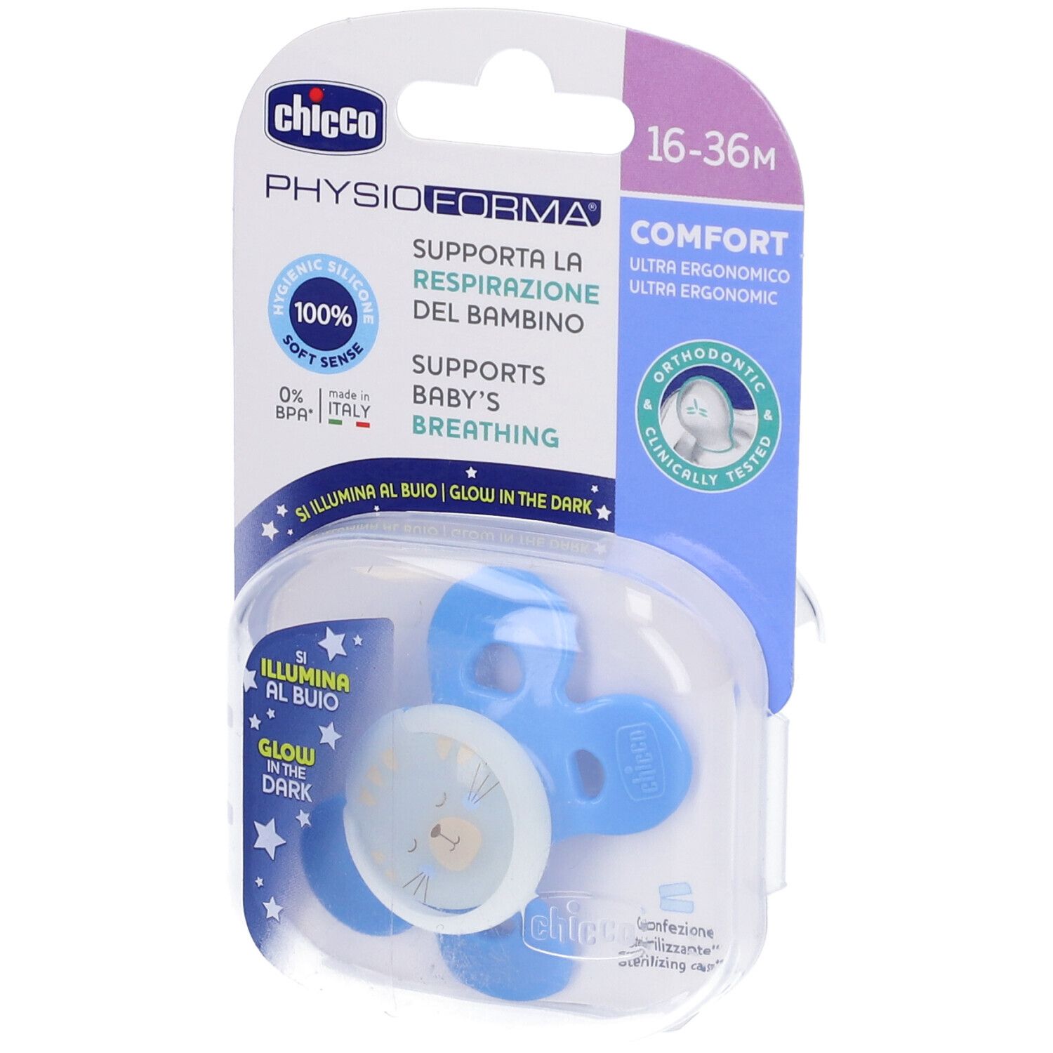 Succhietto Chicco con confezione. Tettarella blu, contenitore bianco. Scritte: 16-36M, PhysioForma, Glow in the Dark.