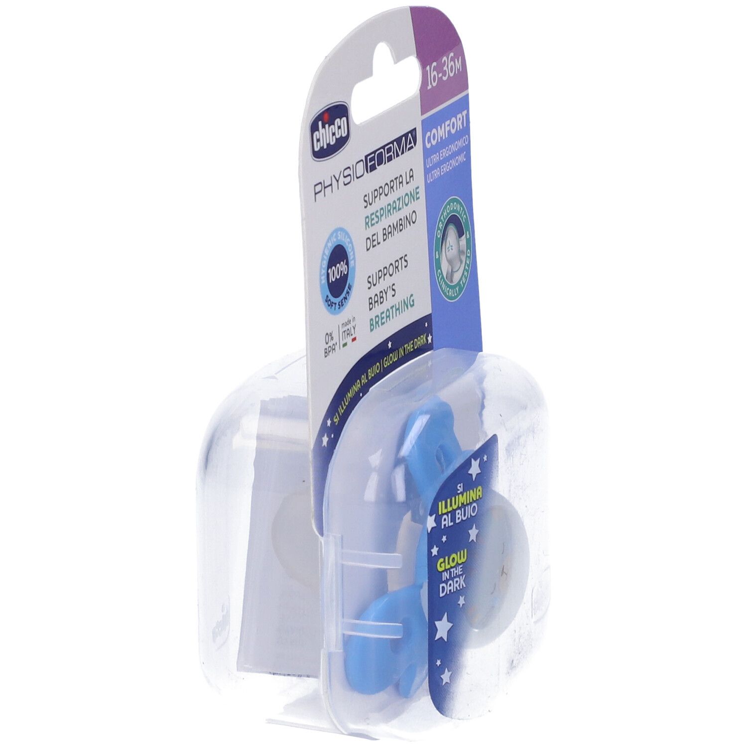 Succhietto Chicco con confezione. Tettarella blu, contenitore bianco. Scritte: 16-36M, PhysioForma, Glow in the Dark.