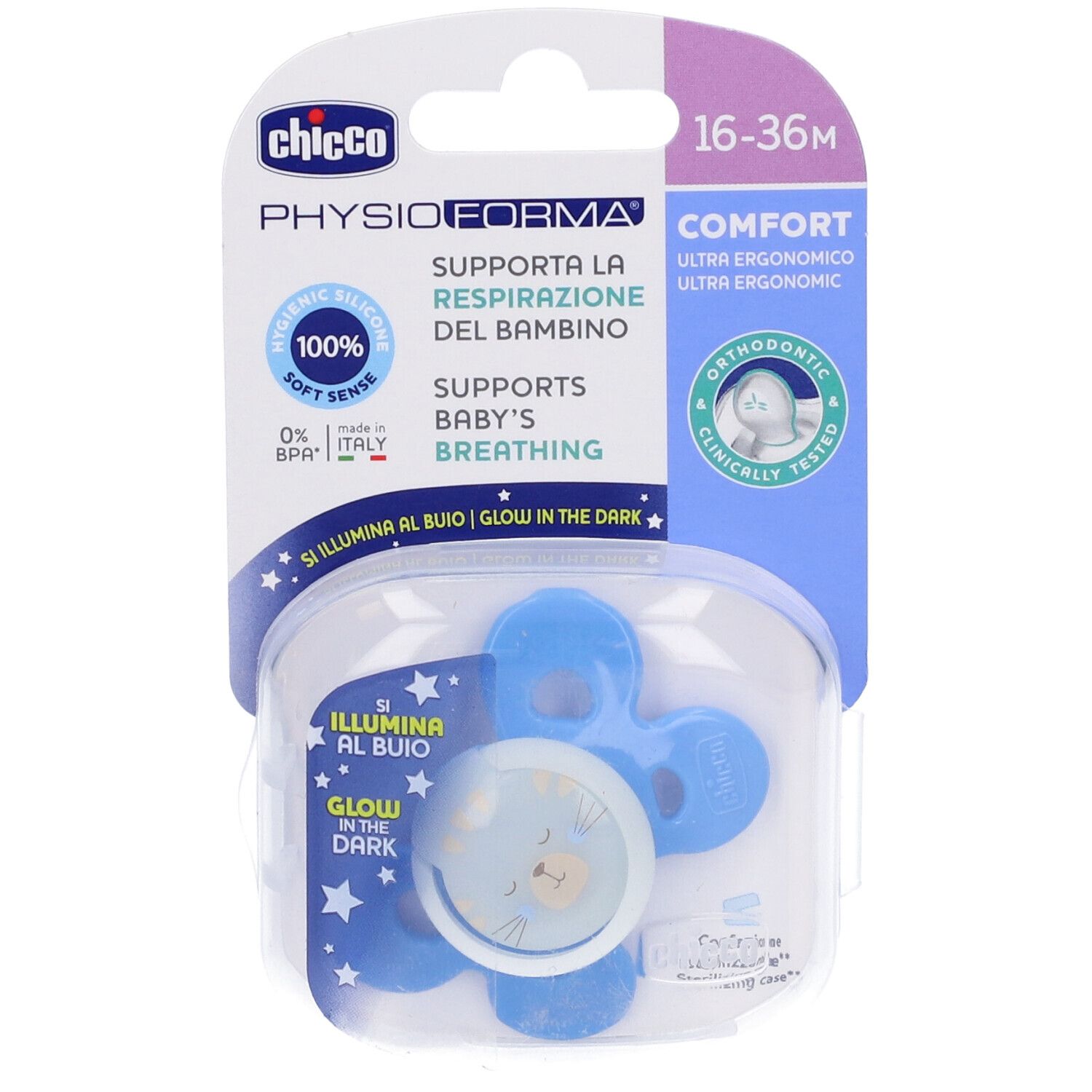 Succhietto Chicco con confezione. Tettarella blu, contenitore bianco. Scritte: 16-36M, PhysioForma, Glow in the Dark.