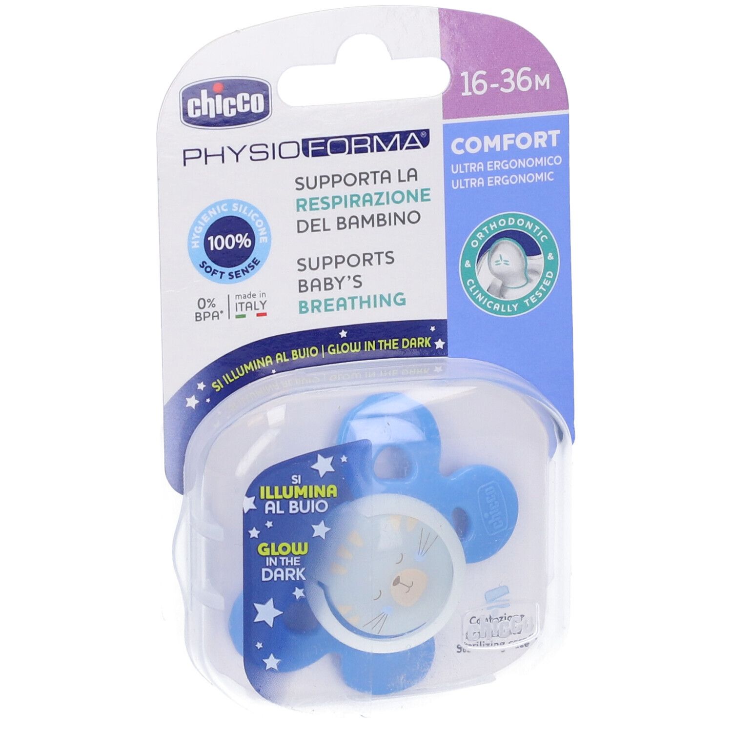Succhietto Chicco con confezione. Tettarella blu, contenitore bianco. Scritte: 16-36M, PhysioForma, Glow in the Dark.