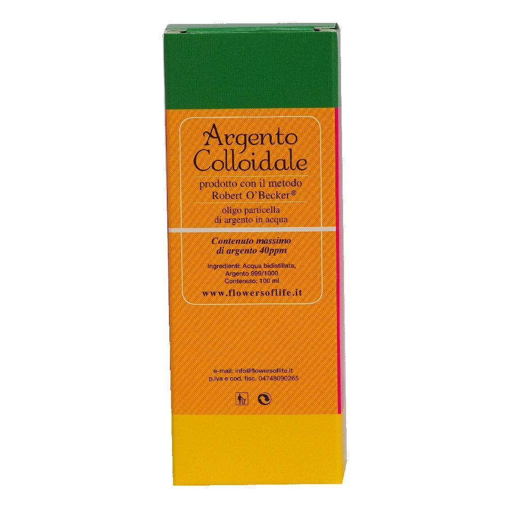 Confezione prodotto con testo: Argento Colloidale, argento 40ppm. Verde, arancione e giallo. Testo in italiano.