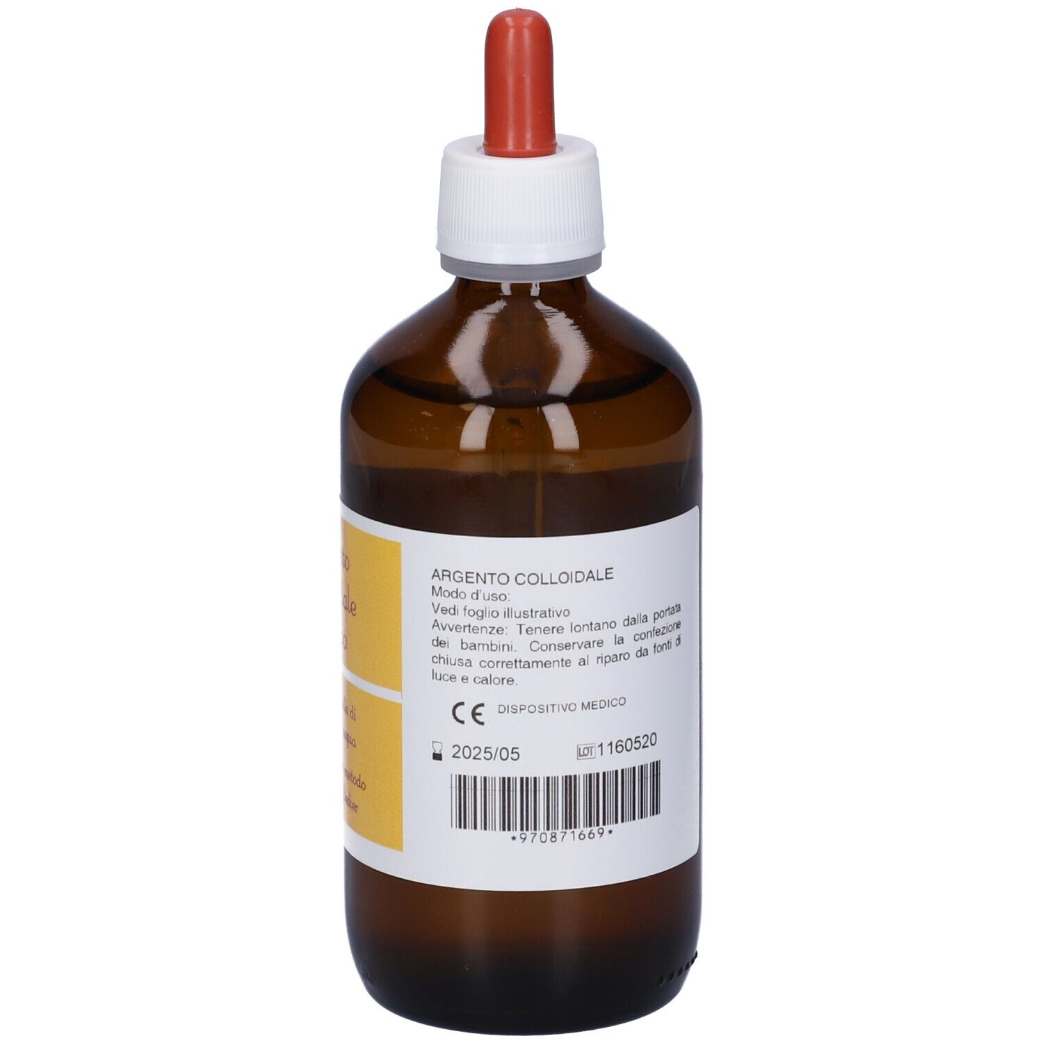 Flacone di vetro marrone con contagocce. Etichetta con testo. Nome del prodotto non visibile. Dispositivo medico.