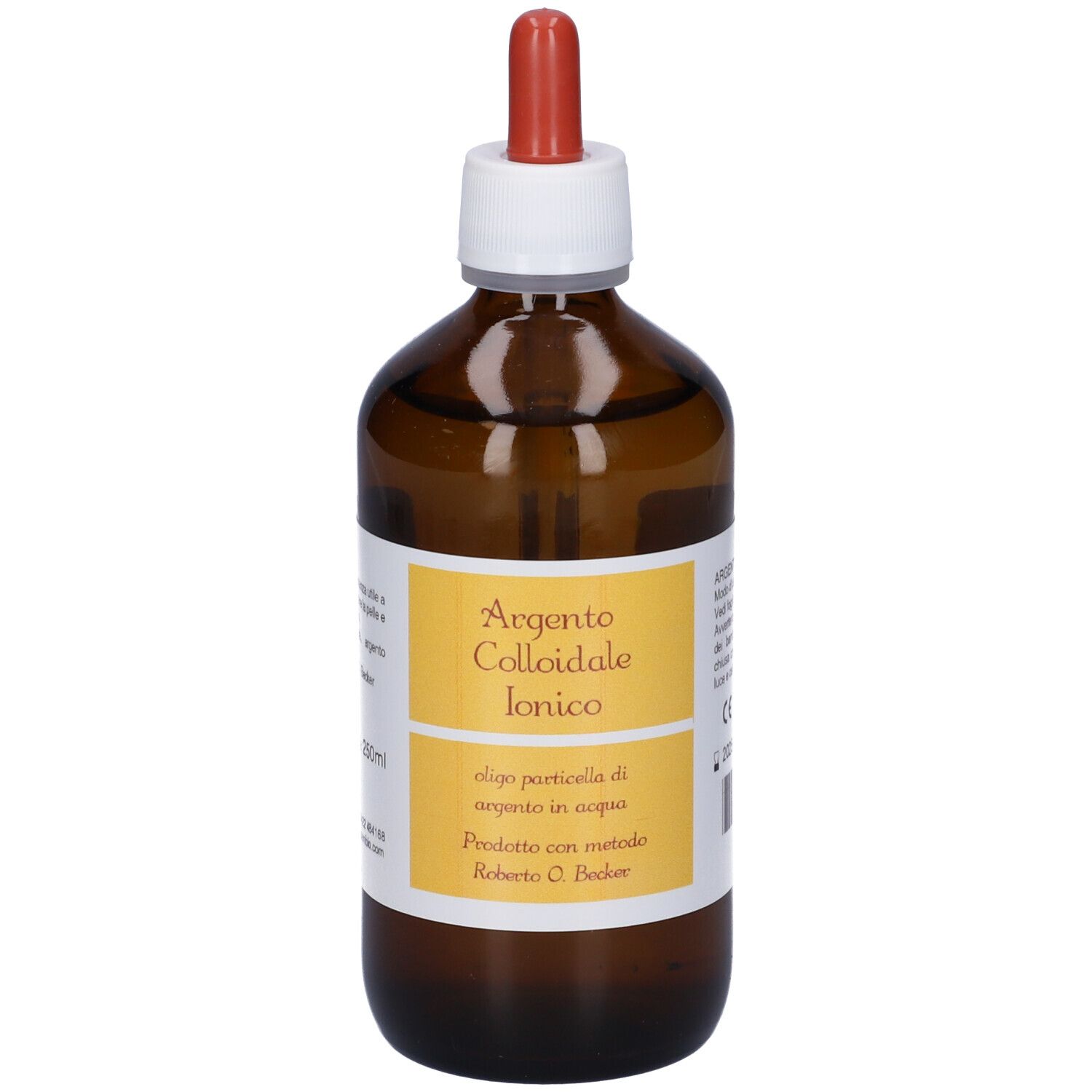 Flacone di vetro marrone con contagocce. Etichetta gialla con testo: Argento Colloidale Ionico.