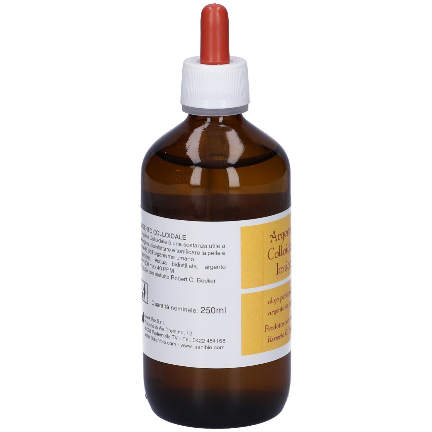Flacone di vetro marrone con contagocce. Etichetta gialla con testo. Nome del prodotto non visibile.