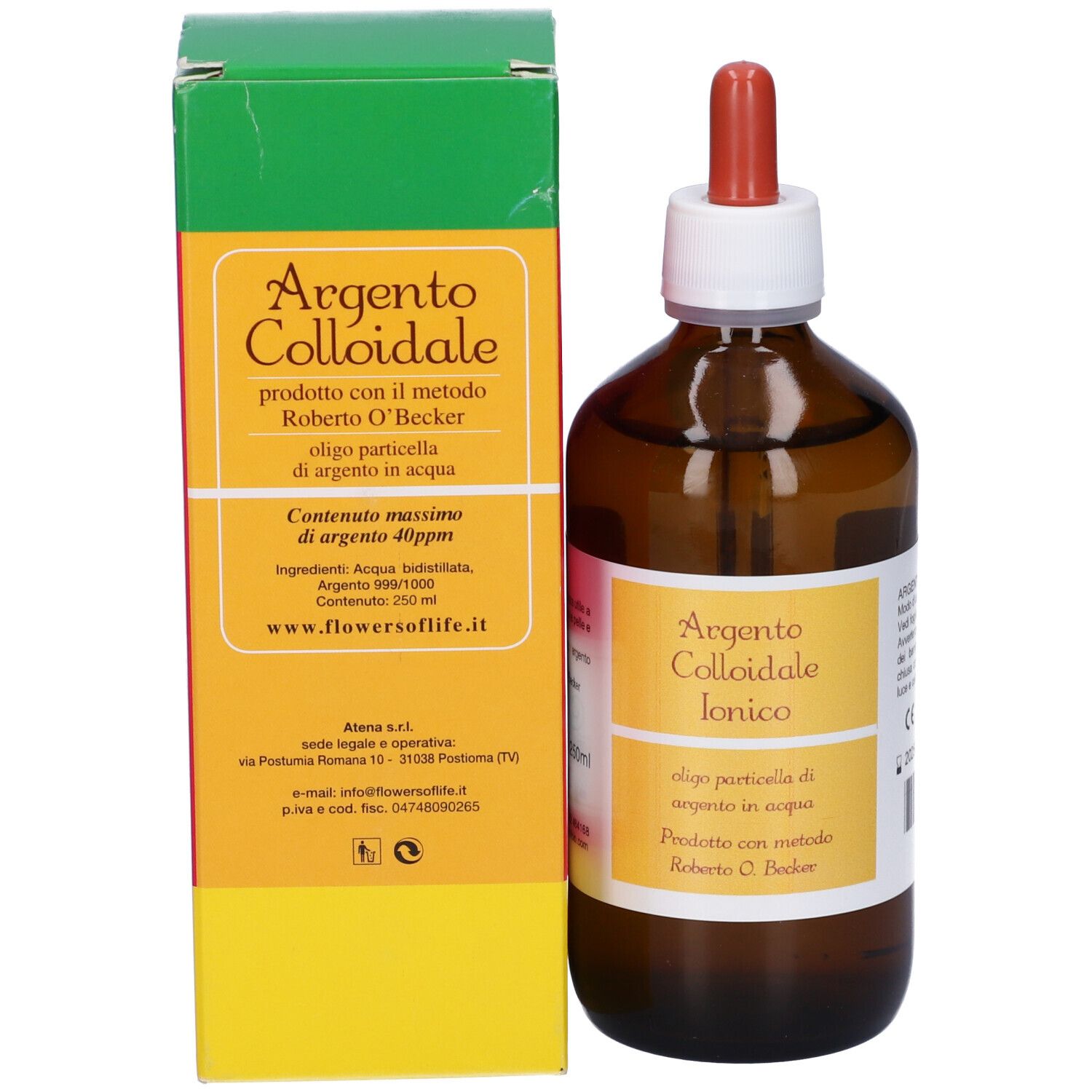 Flacone e confezione. Confezione con testo: Argento Colloidale. Flacone: Argento Colloidale Ionico.