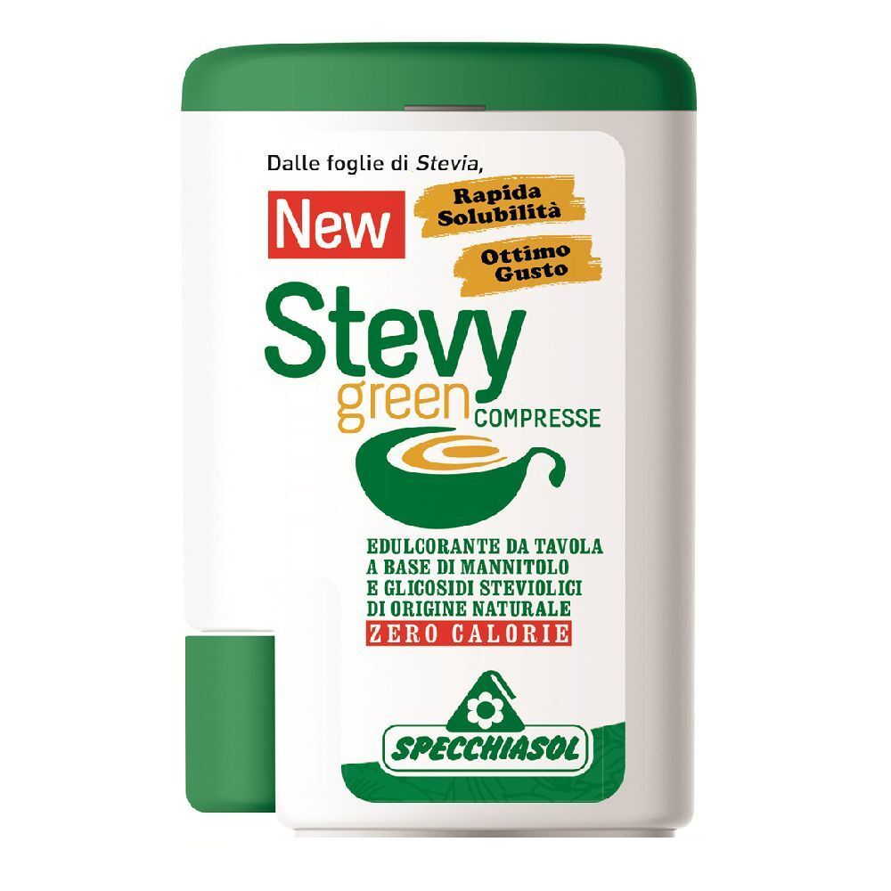 Confezione bianca rettangolare con coperchio verde. Scritta "Stevy green compresse", "New" e "Zero Calorie". Marchio: Specchiasol.