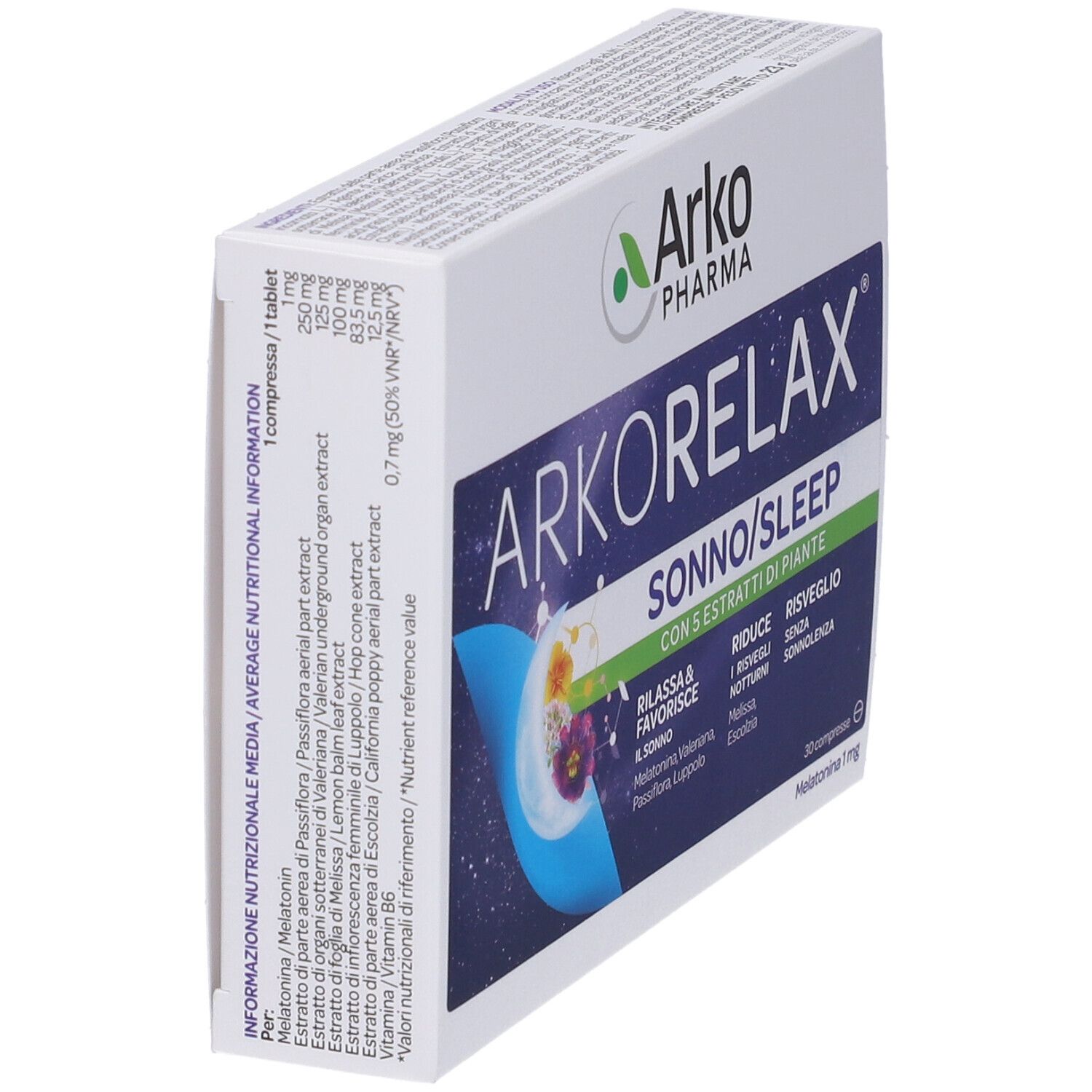 Scatola ARKORELAX SONNO/SLEEP. Contiene 30 compresse. Con 5 estratti di piante. Informazioni nutrizionali sul lato.