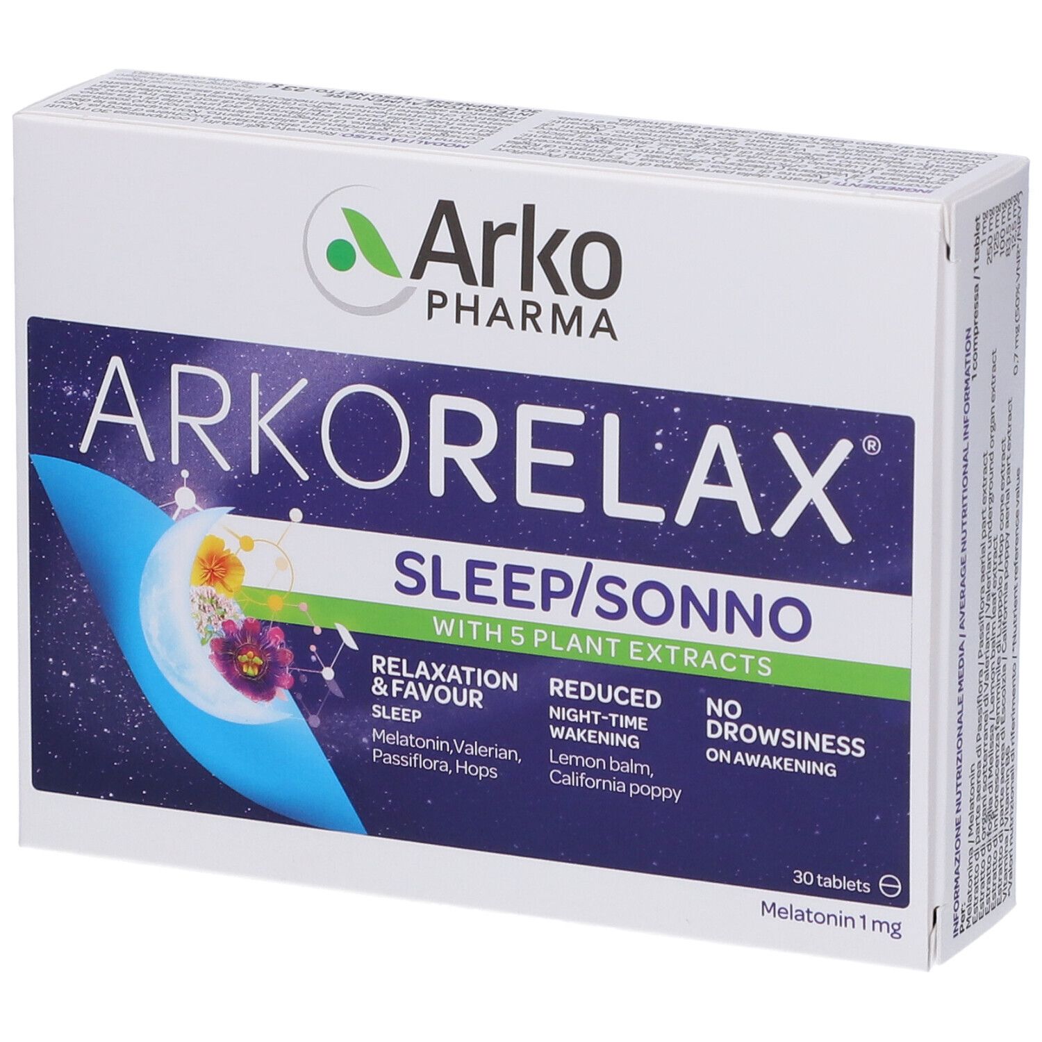 Scatola ARKORELAX SLEEP/SONNO. Contiene 30 compresse. Con 5 estratti di piante. Contiene melatonina 1mg.