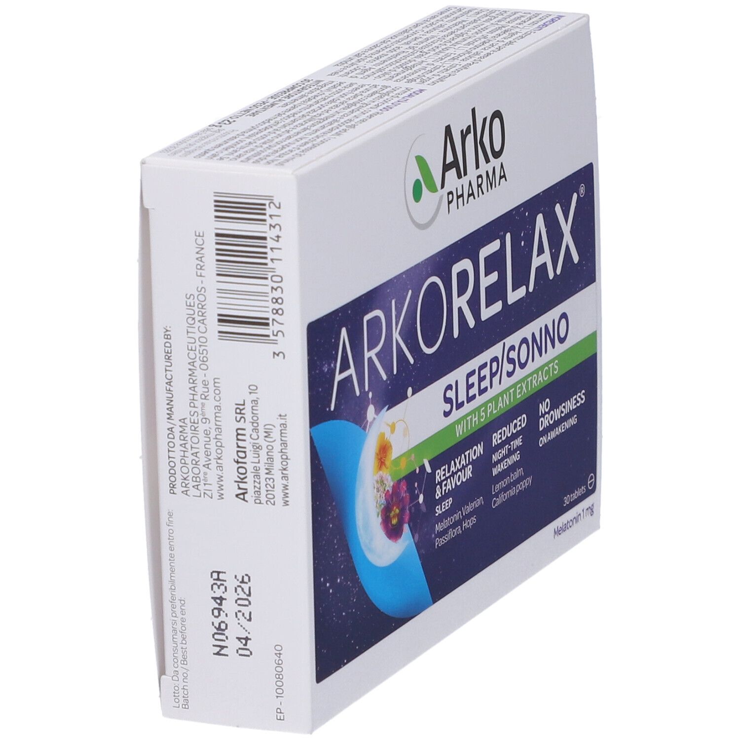 Scatola ARKORELAX SLEEP/SONNO. Contiene 30 compresse. Con 5 estratti di piante. Informazioni del produttore sul lato.
