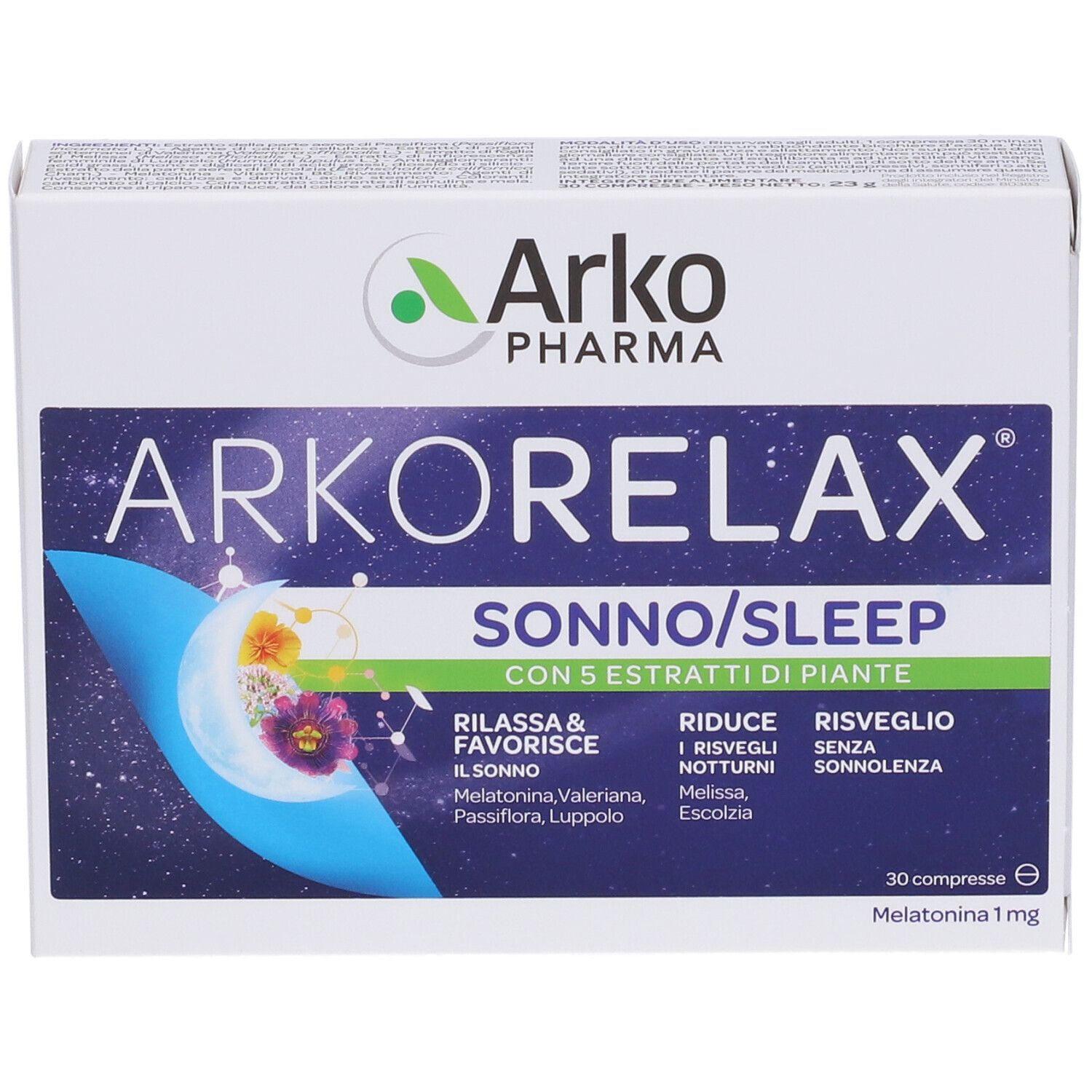 Scatola ARKORELAX SONNO/SLEEP. Contiene 30 compresse. Con 5 estratti di piante. Contiene melatonina 1mg.