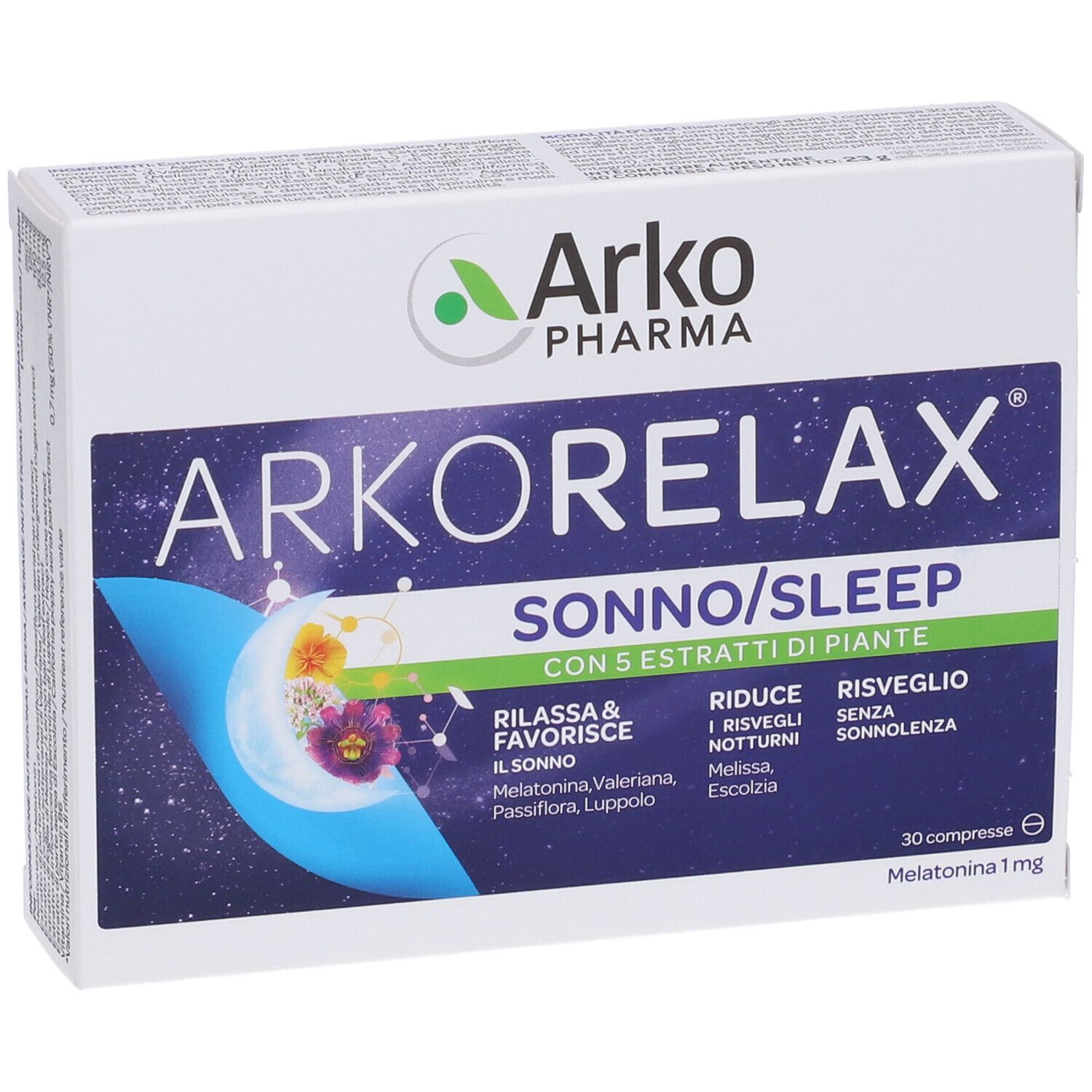 Scatola ARKORELAX SONNO/SLEEP. Contiene 30 compresse. Con 5 estratti di piante. Contiene melatonina 1mg.