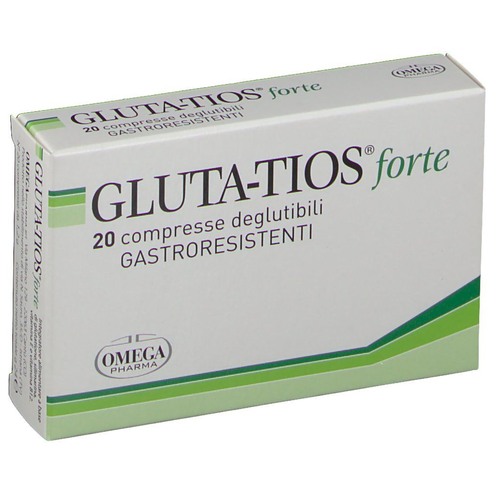 Scatola "Gluta-tios forte". 20 compresse deglutibili. Confezione verde e bianca. Logo "OMEGA PHARMA".
