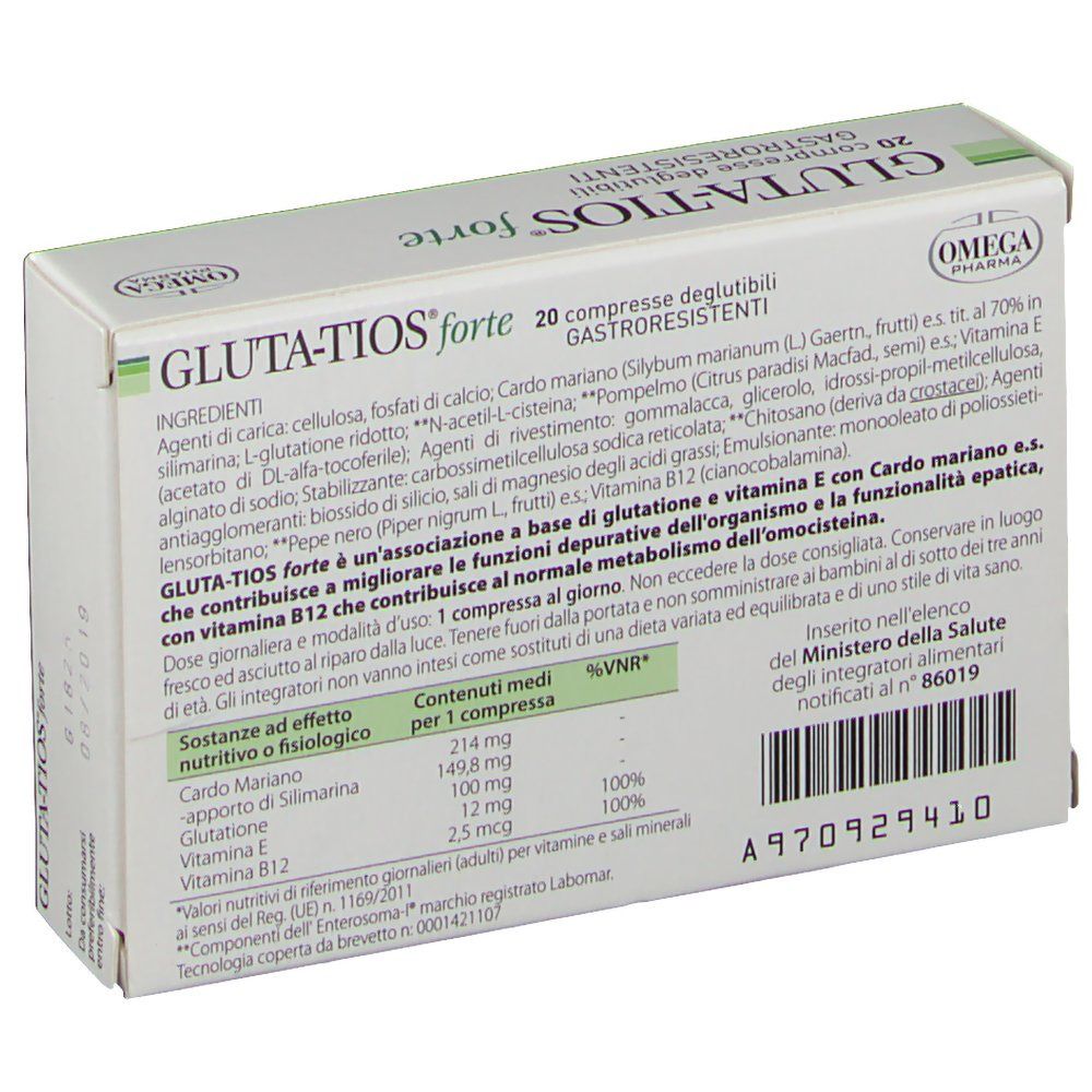 Retro della confezione "Gluta-tios forte". Testo con ingredienti e informazioni nutrizionali. Logo "OMEGA PHARMA".
