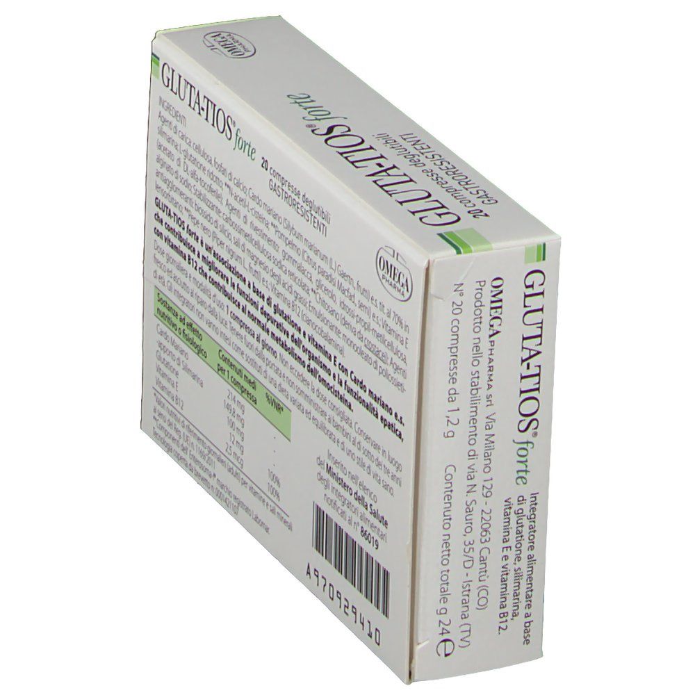 Vista angolata della confezione "Gluta-tios forte". Testo e logo "OMEGA PHARMA" visibili. 20 compresse.