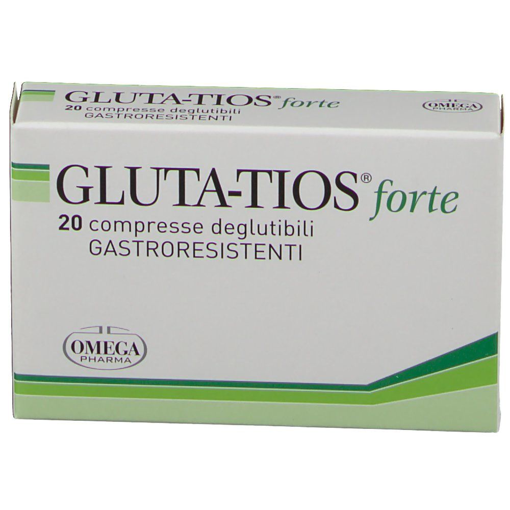 Scatola "Gluta-tios forte". 20 compresse. Confezione verde e bianca. Logo "OMEGA PHARMA".
