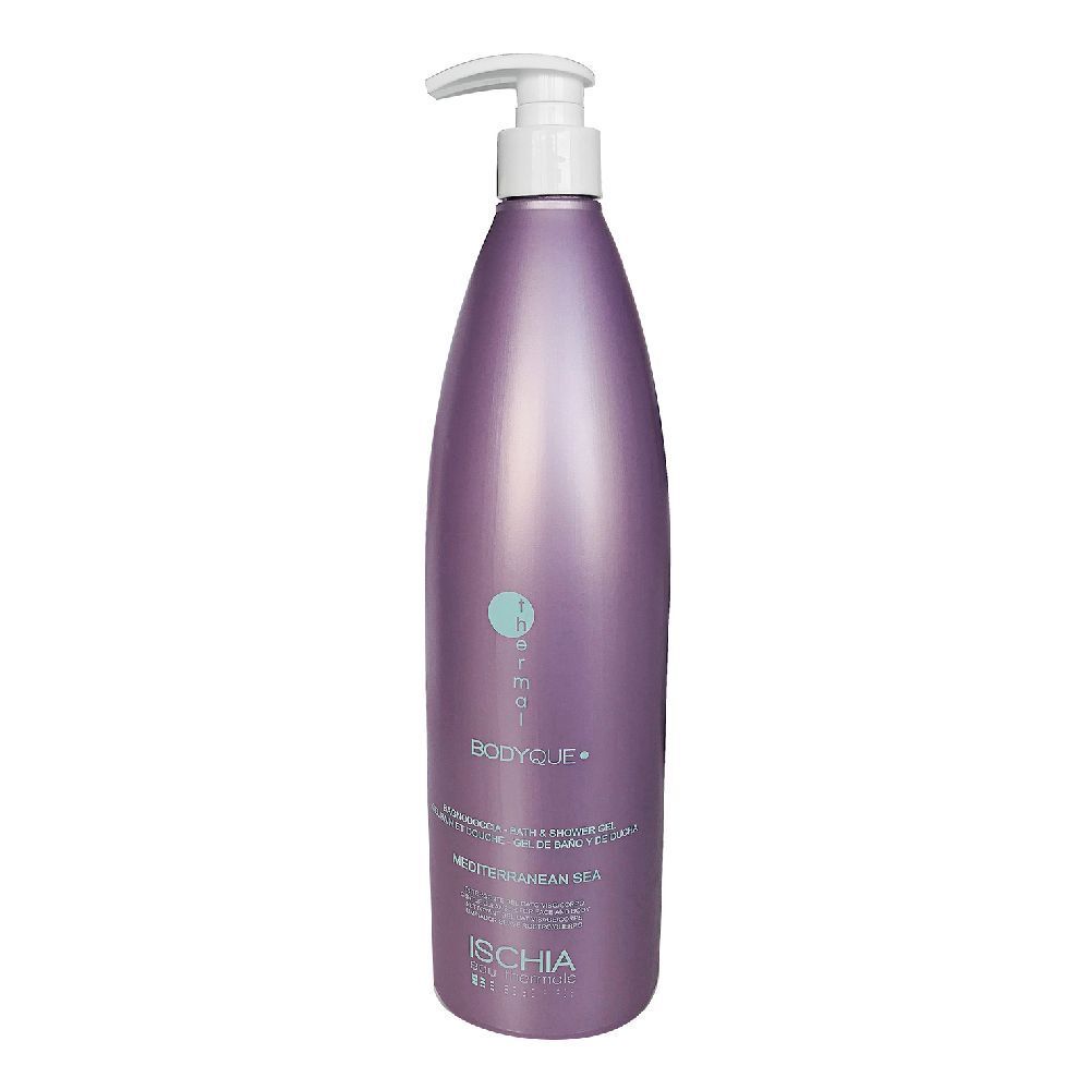 Flacone viola con dosatore bianco. Scritte: Ischia, Bodyque, Mediterranean Sea. Prodotto per la cura del corpo.