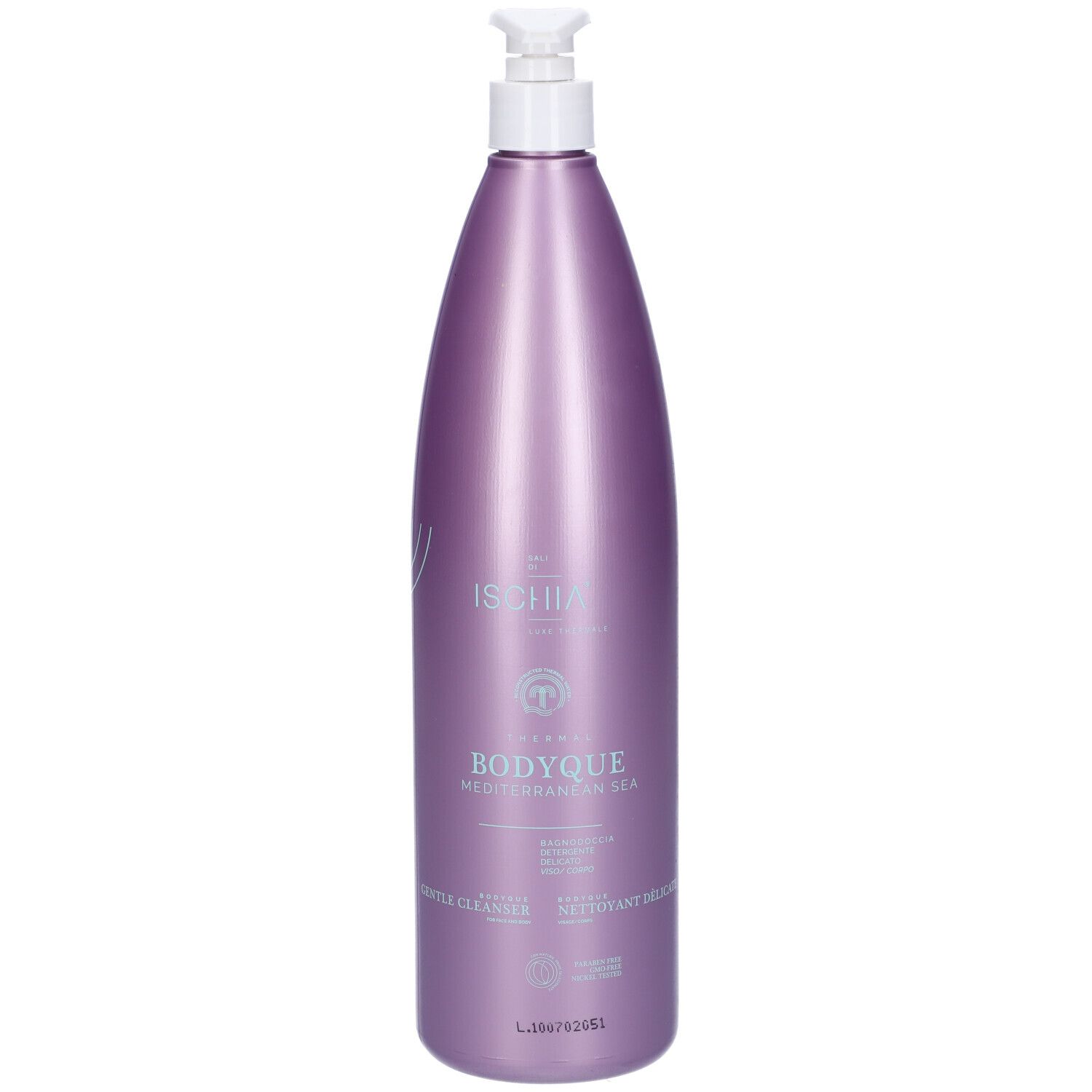 Flacone viola con dosatore bianco. Scritte: Ischia, Bodyque, Mediterranean Sea, Gentle Cleanser. Prodotto per la cura del corpo.