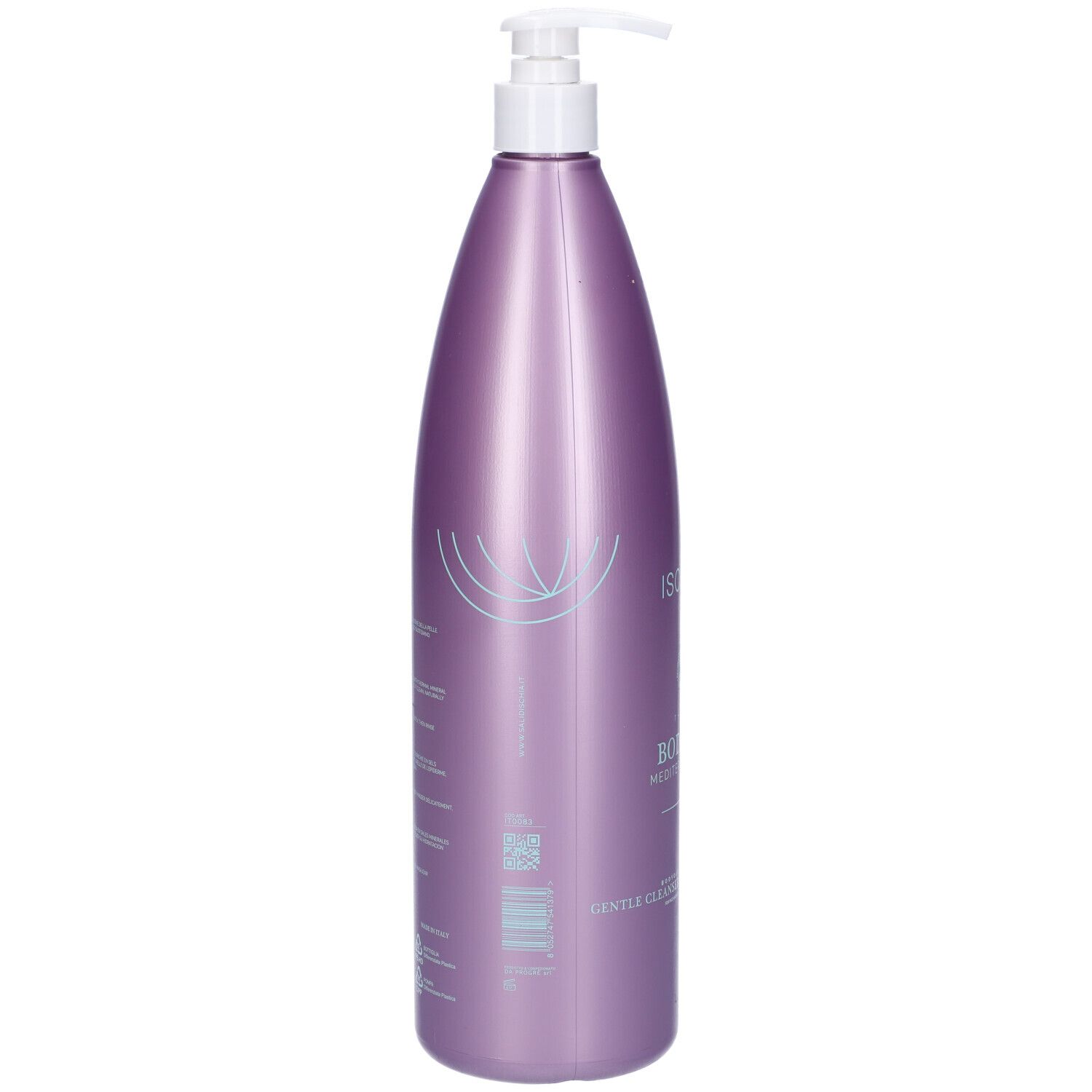 Flacone viola con dosatore bianco. Scritte: Ischia, Bodyque, Mediterranean Sea, Gentle Cleanser. Prodotto per la cura del corpo.