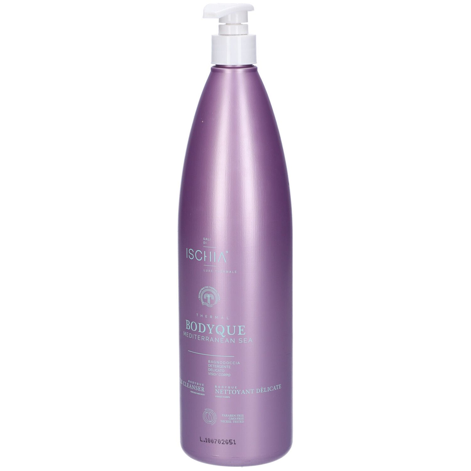 Flacone viola con dosatore bianco. Scritte: Ischia, Bodyque, Mediterranean Sea, Gentle Cleanser. Prodotto per la cura del corpo.