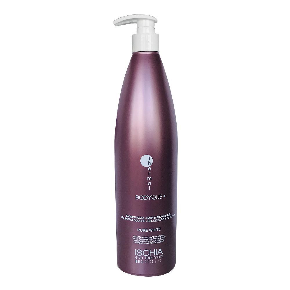 Flacone con pompa. Scritta: BODYQUE, Pure White, ISCHIA. Testina bianca, flacone marrone.