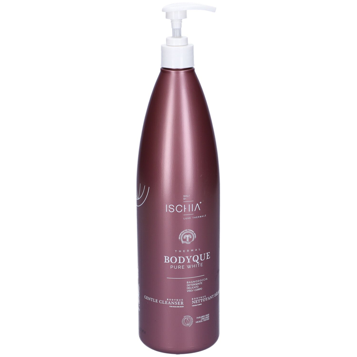 Flacone marrone con pompa. Scritta: ISCHIA, BODYQUE, Pure White. Testina bianca.