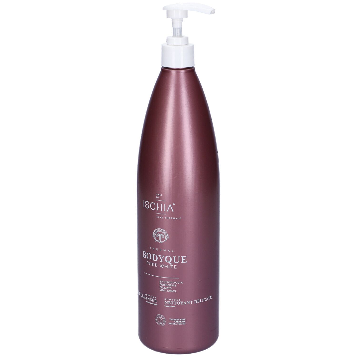 Flacone marrone con pompa. Scritta: ISCHIA, BODYQUE, Pure White. Testina bianca.
