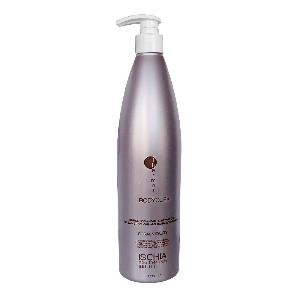 Flacone con dosatore. Scritta: Ischia, Bodyque, Coral Vitality. Prodotto per bagno e doccia.