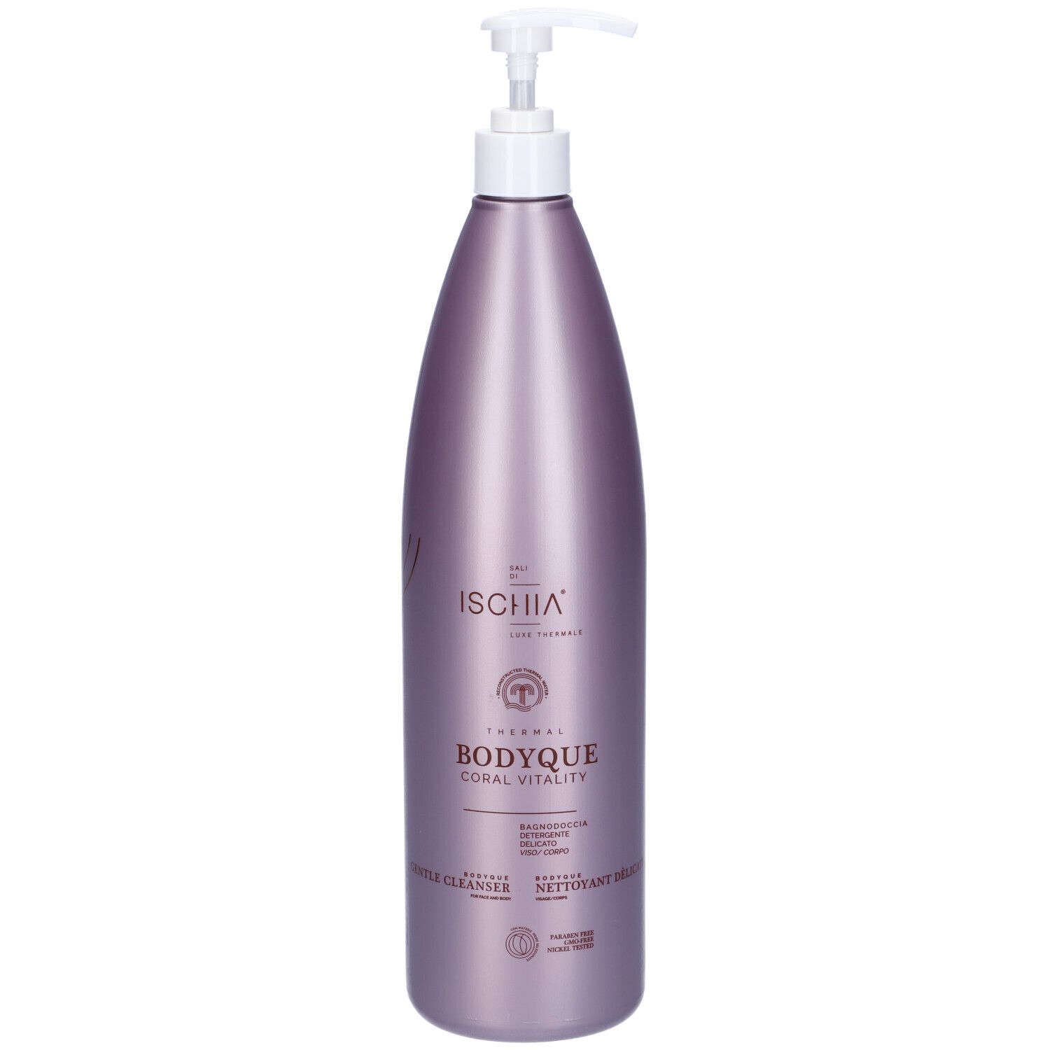 Flacone con dosatore. Scritta: Ischia, Bodyque, Coral Vitality. Detergente delicato.
