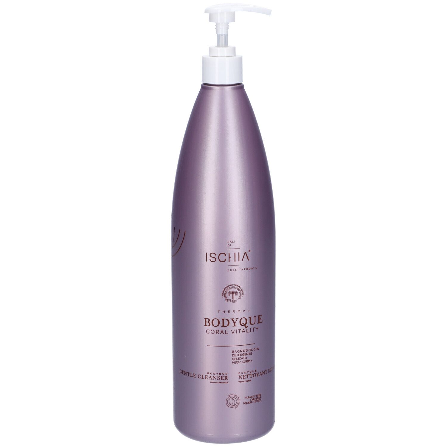 Flacone con dosatore. Scritta: Ischia, Bodyque, Coral Vitality. Detergente delicato.