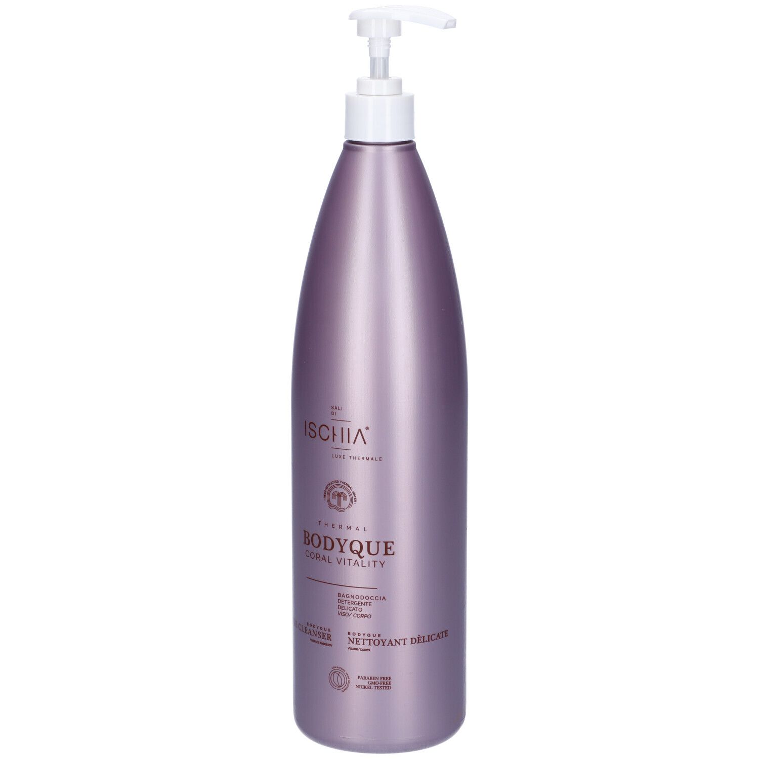 Flacone con dosatore. Scritta: Ischia, Bodyque, Coral Vitality. Detergente delicato.
