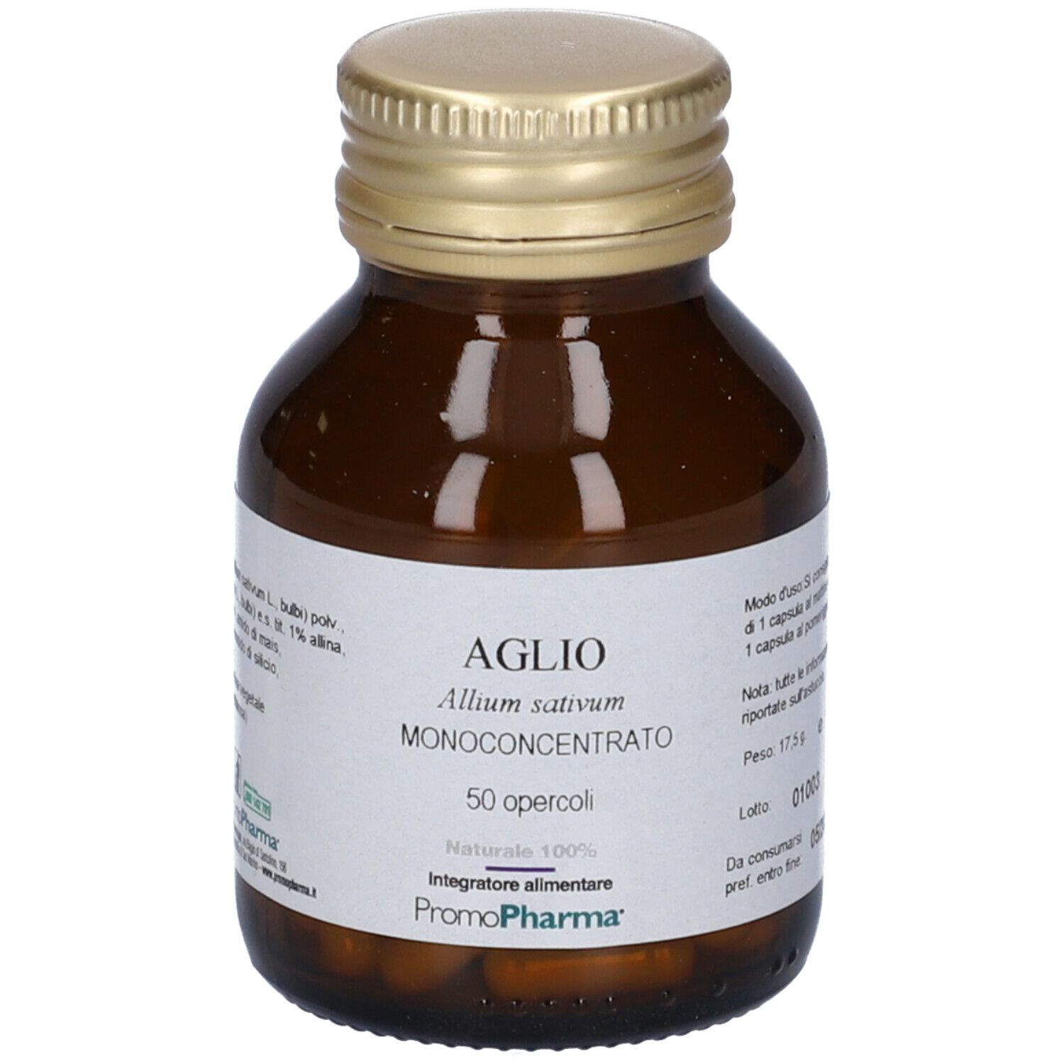 Flacone di vetro marrone con tappo dorato. Etichetta con nome del prodotto e marchio PromoPharma® Aglio Monoconcentrato.