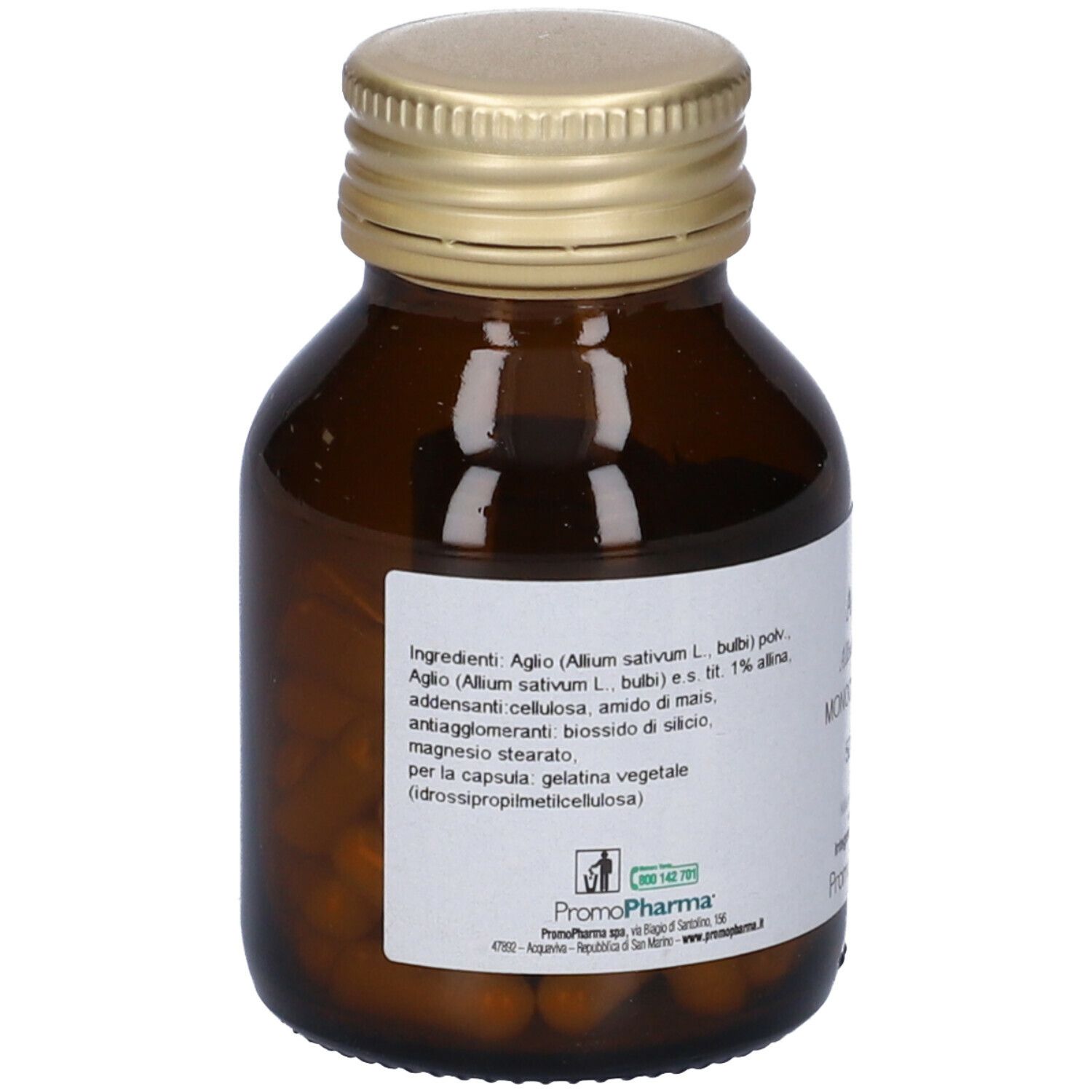Flacone di vetro marrone con tappo dorato. Etichetta con elenco ingredienti e marchio PromoPharma® Aglio Monoconcentrato.
