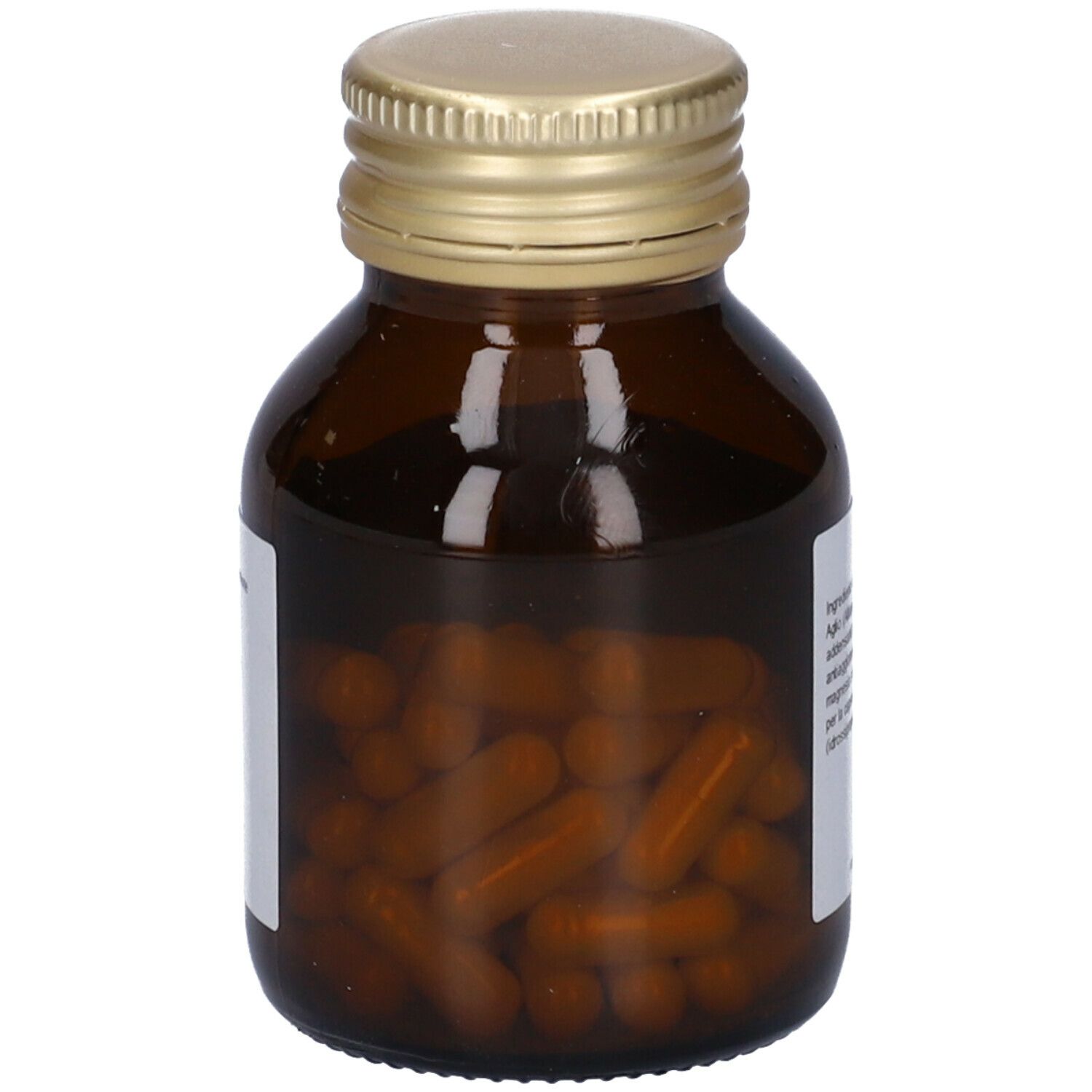 Flacone di vetro marrone con tappo dorato, pieno di capsule marroni. Nessuna altra scritta visibile.