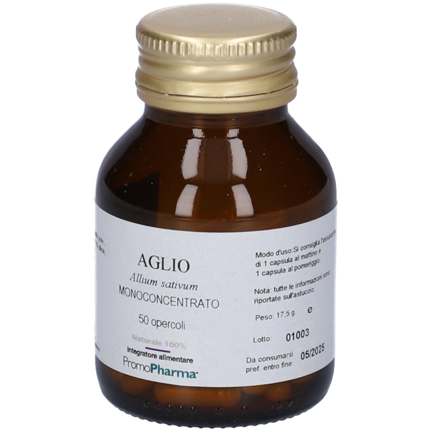 Flacone di vetro marrone con tappo dorato. Etichetta con nome del prodotto e marchio PromoPharma® Aglio Monoconcentrato.