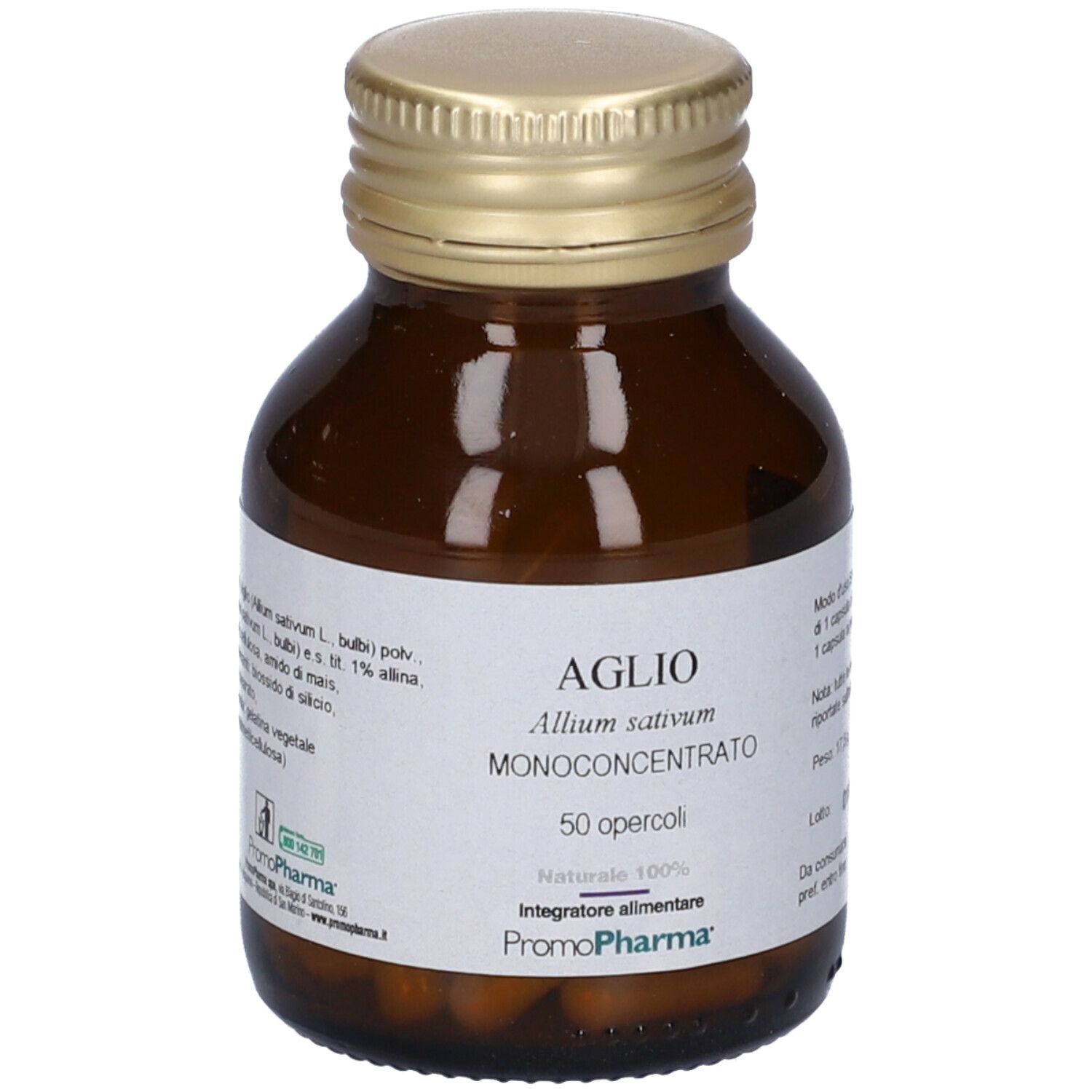 Flacone di vetro marrone con tappo dorato. Etichetta con nome del prodotto e marchio PromoPharma® Aglio Monoconcentrato.