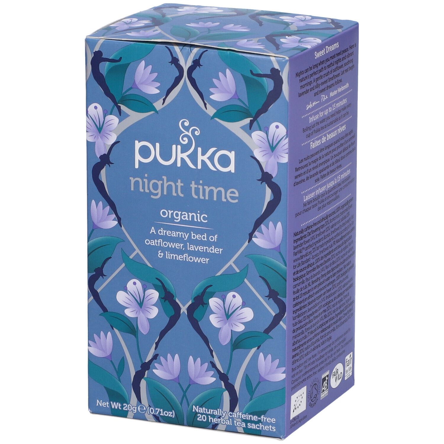 Scatola blu-viola Pukka Night Time organic. Motivo floreale, 20 bustine.