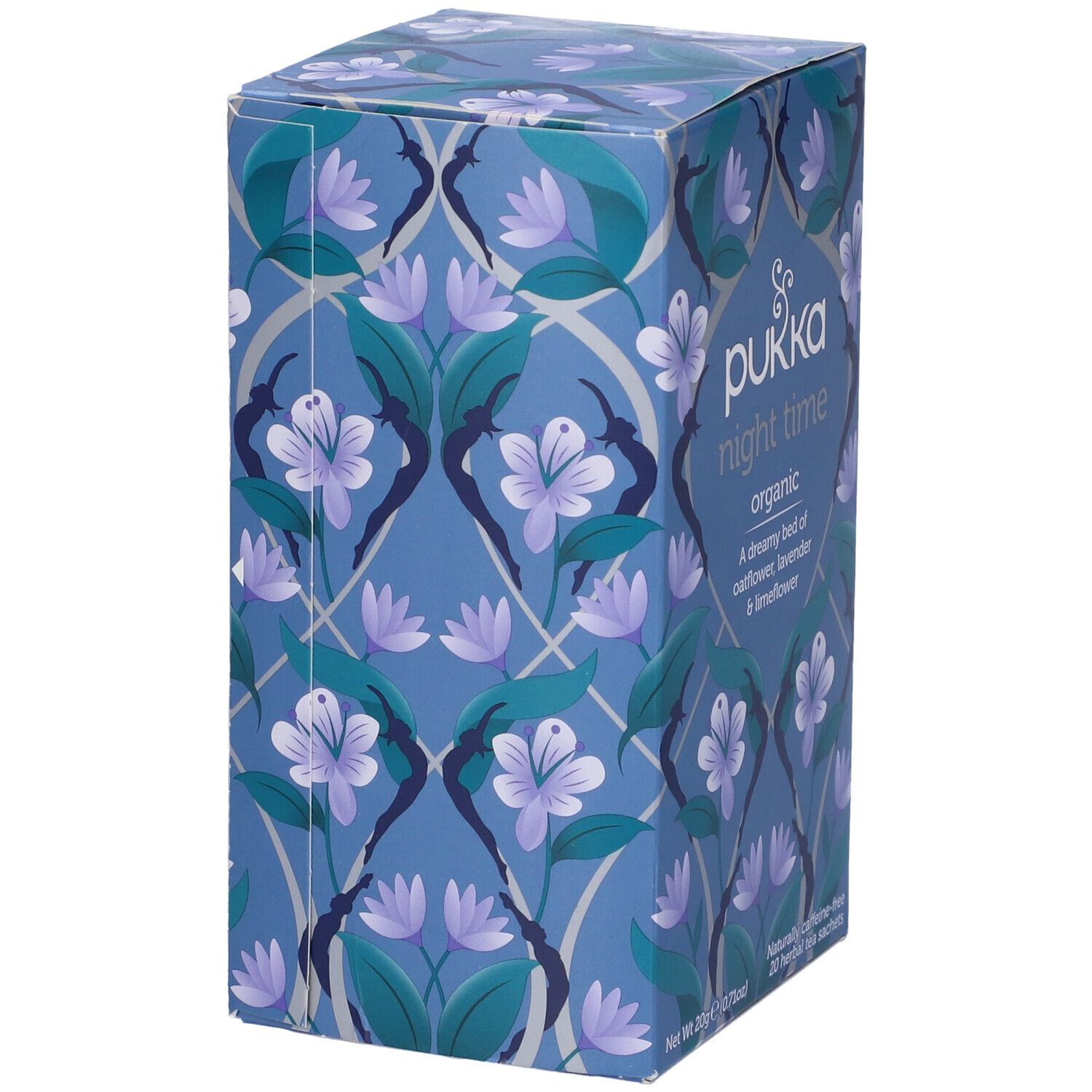 Scatola blu-viola Pukka Night Time. Motivo floreale, 20 bustine.