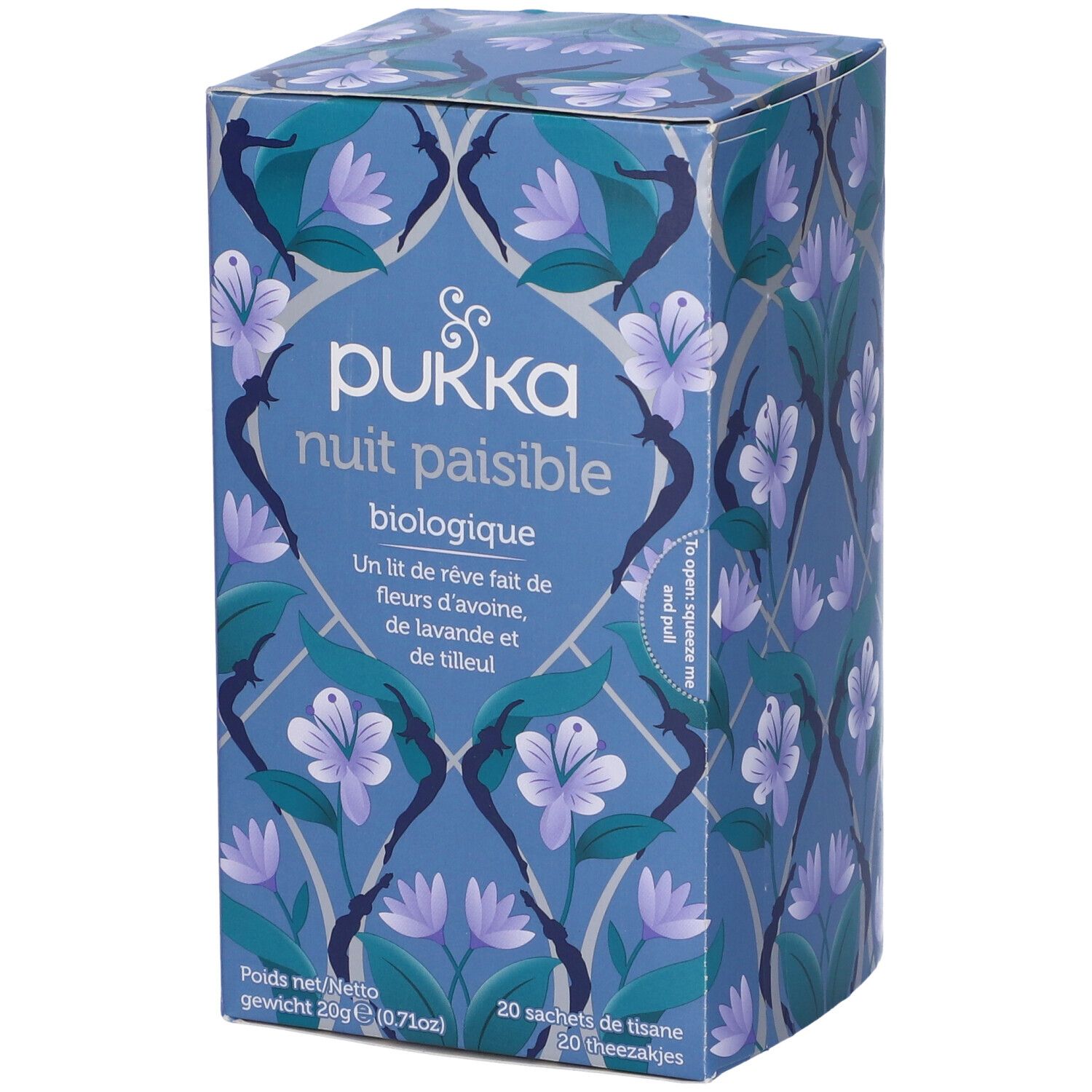 Scatola blu-viola Pukka Night Time. Motivo floreale, 20 bustine.