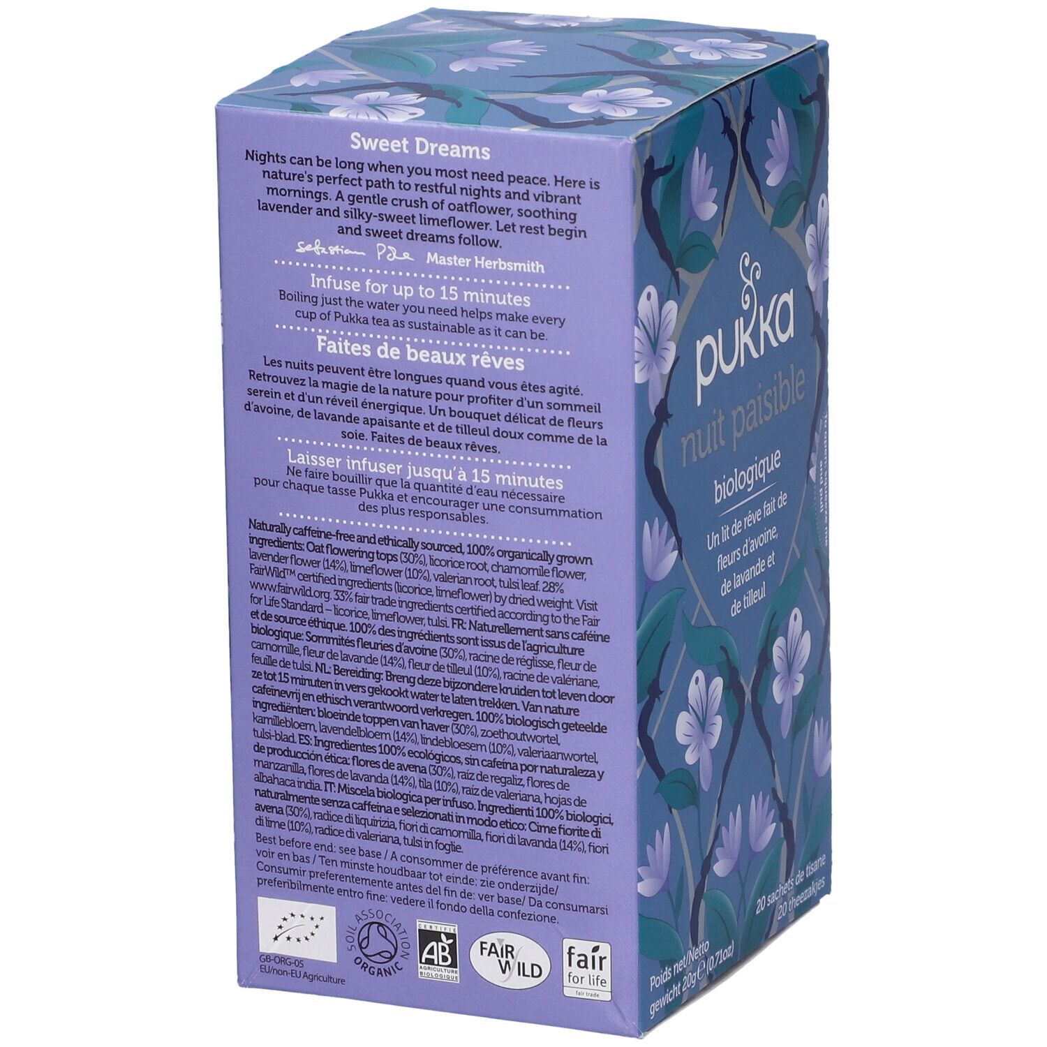 Scatola blu-viola Pukka Night Time. Motivo floreale, 20 bustine.