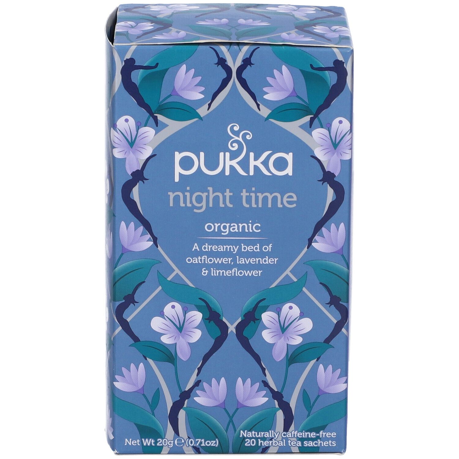 Scatola blu-viola Pukka Night Time. Motivo floreale, 20 bustine.