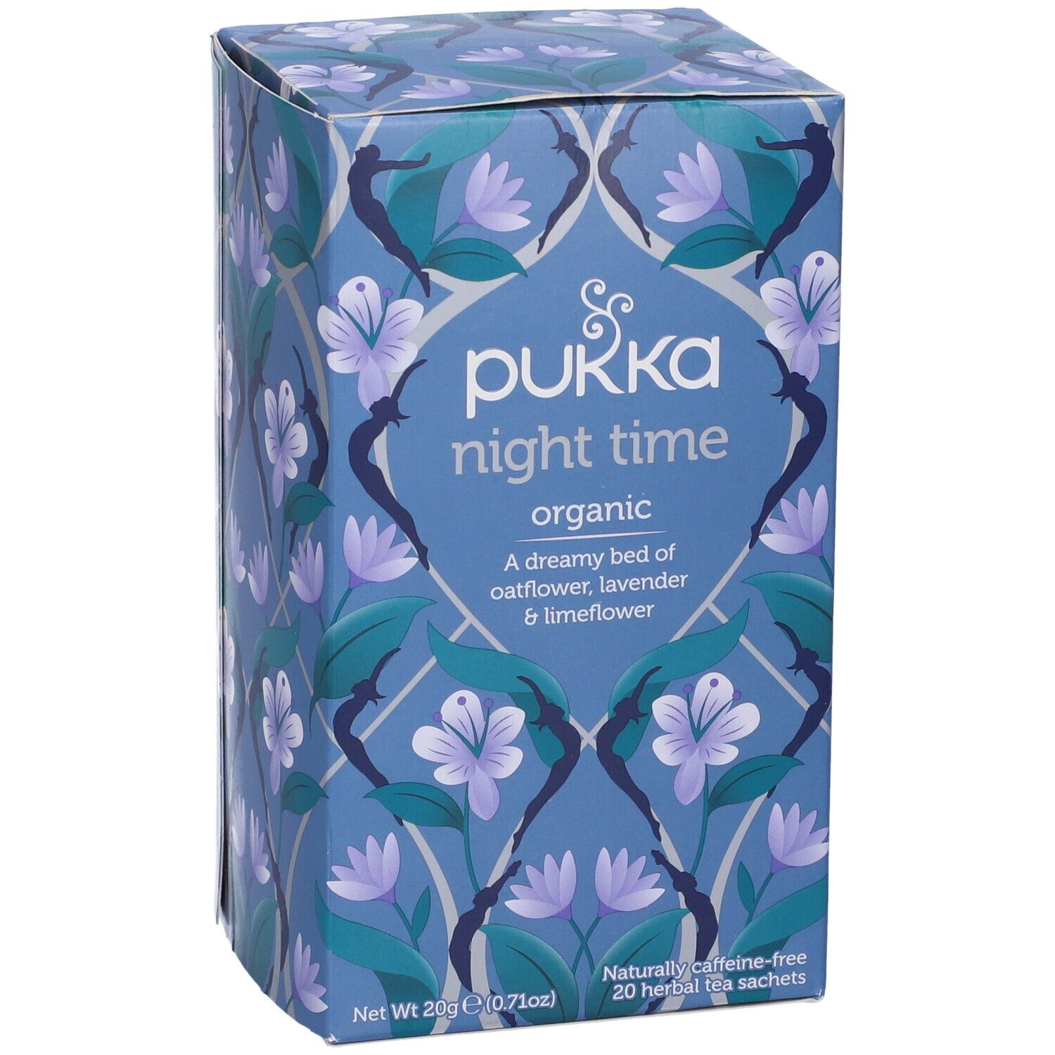 Scatola blu-viola Pukka Night Time. Motivo floreale, 20 bustine.