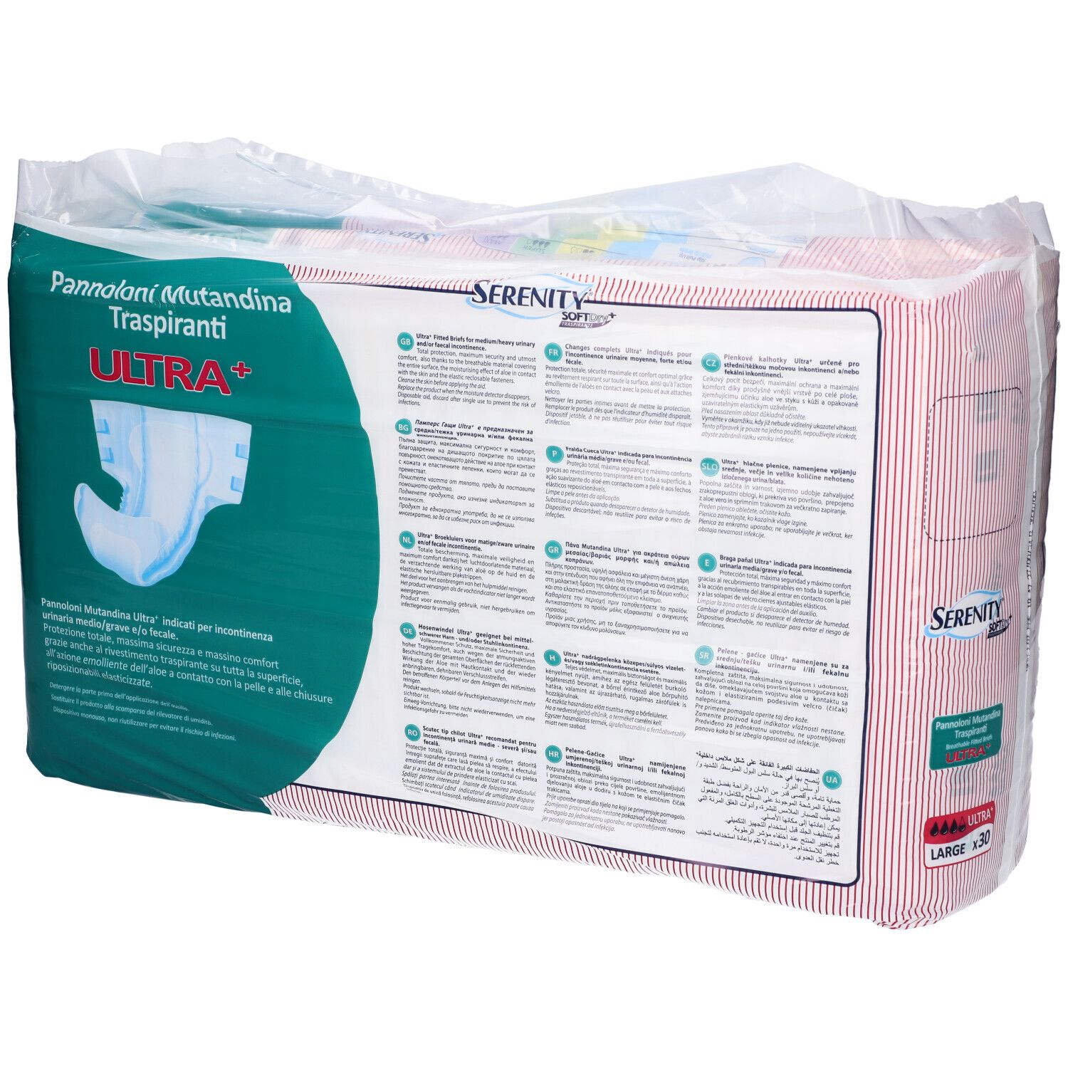 Verpackung mit Serenity Ultra+ Windelhosen. Rückseite mit Text in verschiedenen Sprachen. Enthält 30 Stück.