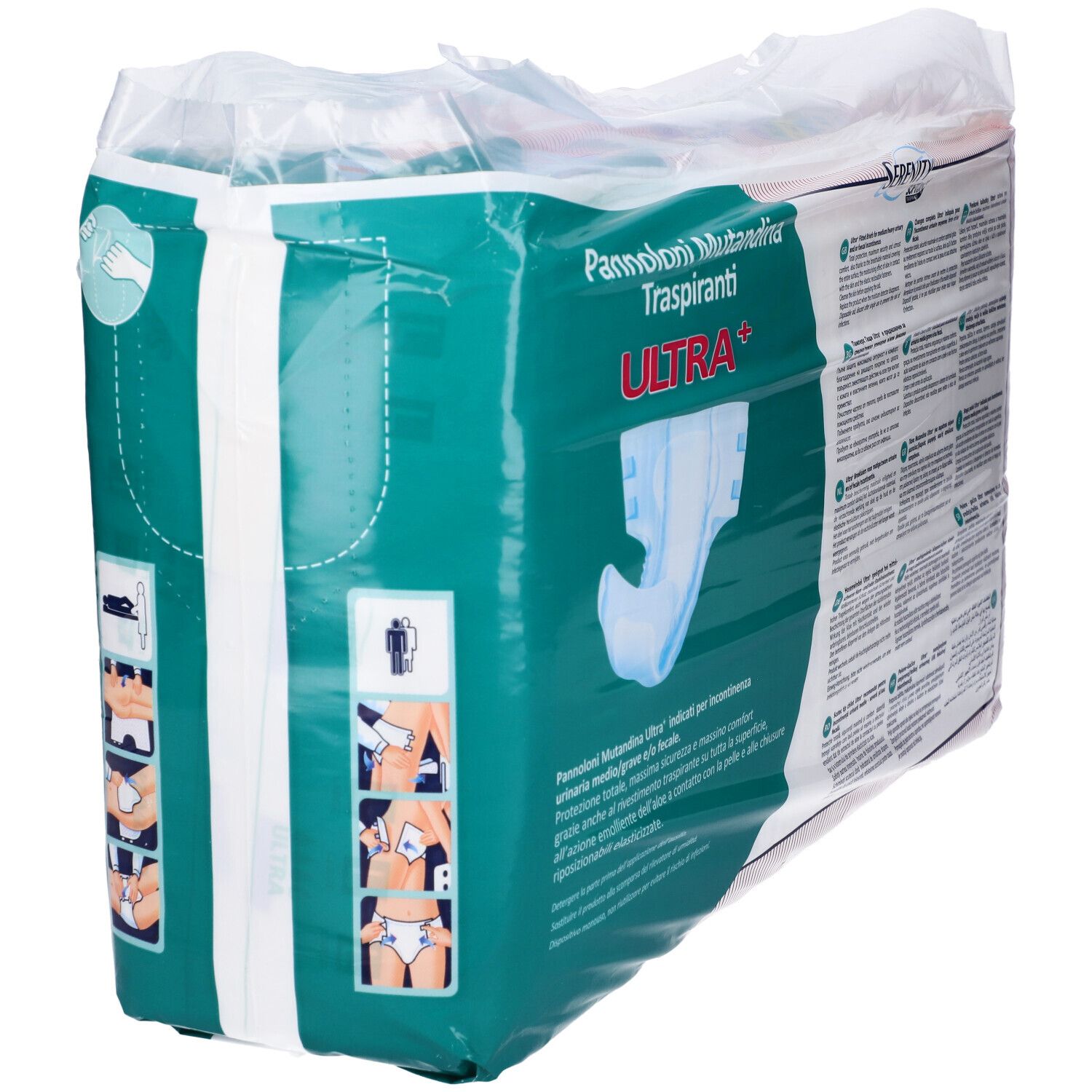 Verpackung mit Serenity Ultra+ Windelhosen. Illustrationen zur Anwendung. Enthält 30 Stück.