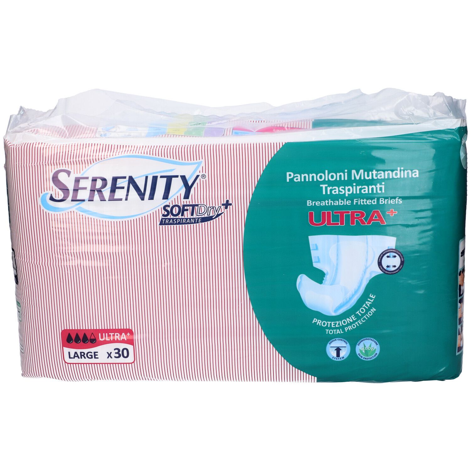 Verpackung mit Serenity Ultra+ Windelhosen. Rotes und weißes Design. Enthält 30 Stück. Produktabbildung.
