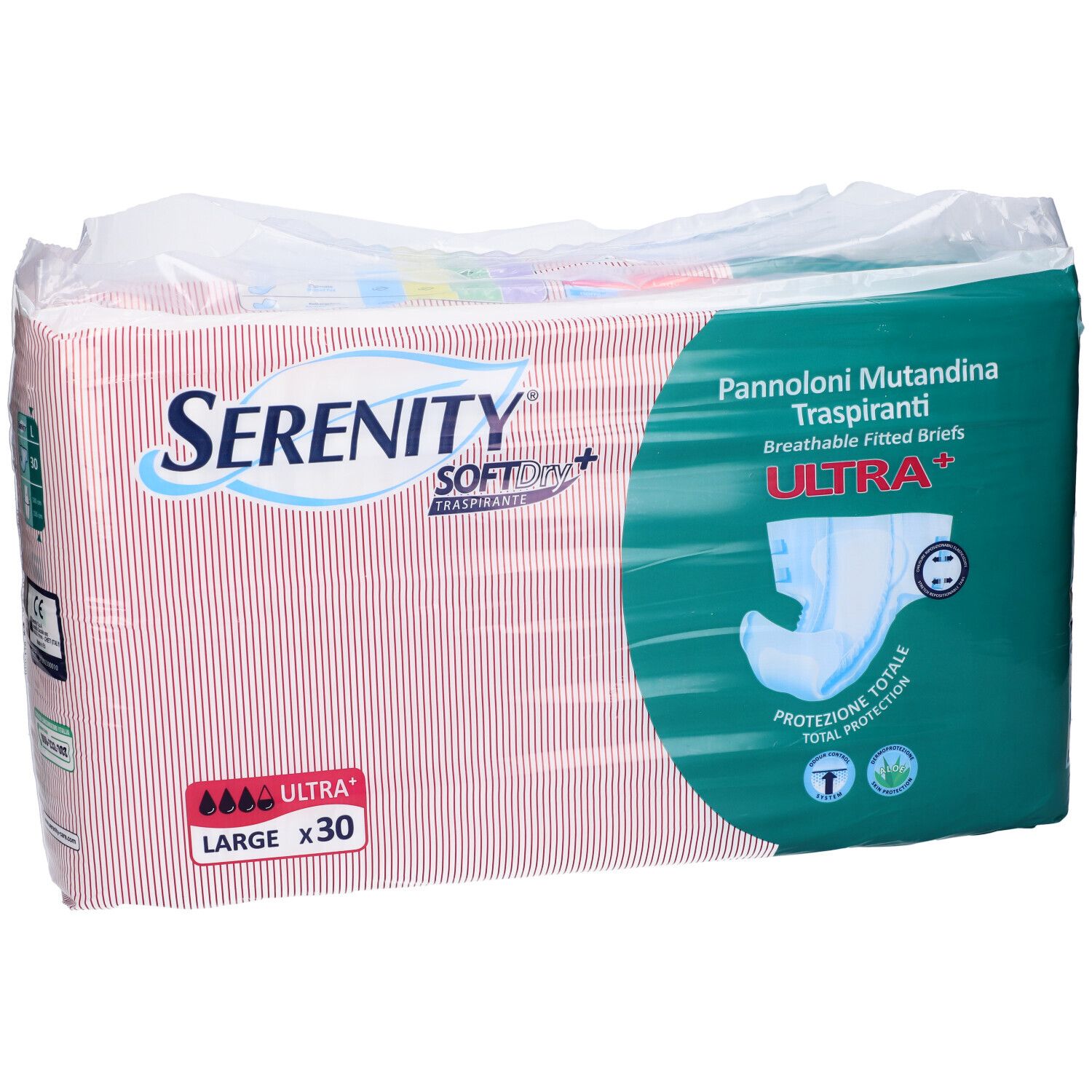 Verpackung mit Serenity Ultra+ Windelhosen. Rotes und weißes Design. Enthält 30 Stück. Produktabbildung.